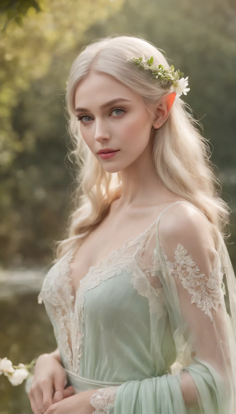 (best quality,4k,8k,highres,masterpiece:1.2),ultra-detailed,(upper body),(realistic,photorealistic,photo-realistic:1.37),long and elegant elf-like ears,fair and porcelain-like skin,gently flowing platinum blonde hair,piercing and enchanting green eyes,feminine and delicate facial features,gently rosy cheeks,slender and graceful figure,wearing an ethereal flowing gown made of silk and lace,Mediterranean garden with blooming flowers,soft and warm sunlight illuminating the scene,vibrant and lush greenery surrounding the garden,refreshing fragrance of the flowers filling the air,crystal-clear pond reflecting the beauty of the garden,peaceful and serene atmosphere,subtle and harmonious color palette with pastel tones,soft and dreamlike lighting creating a magical ambiance.