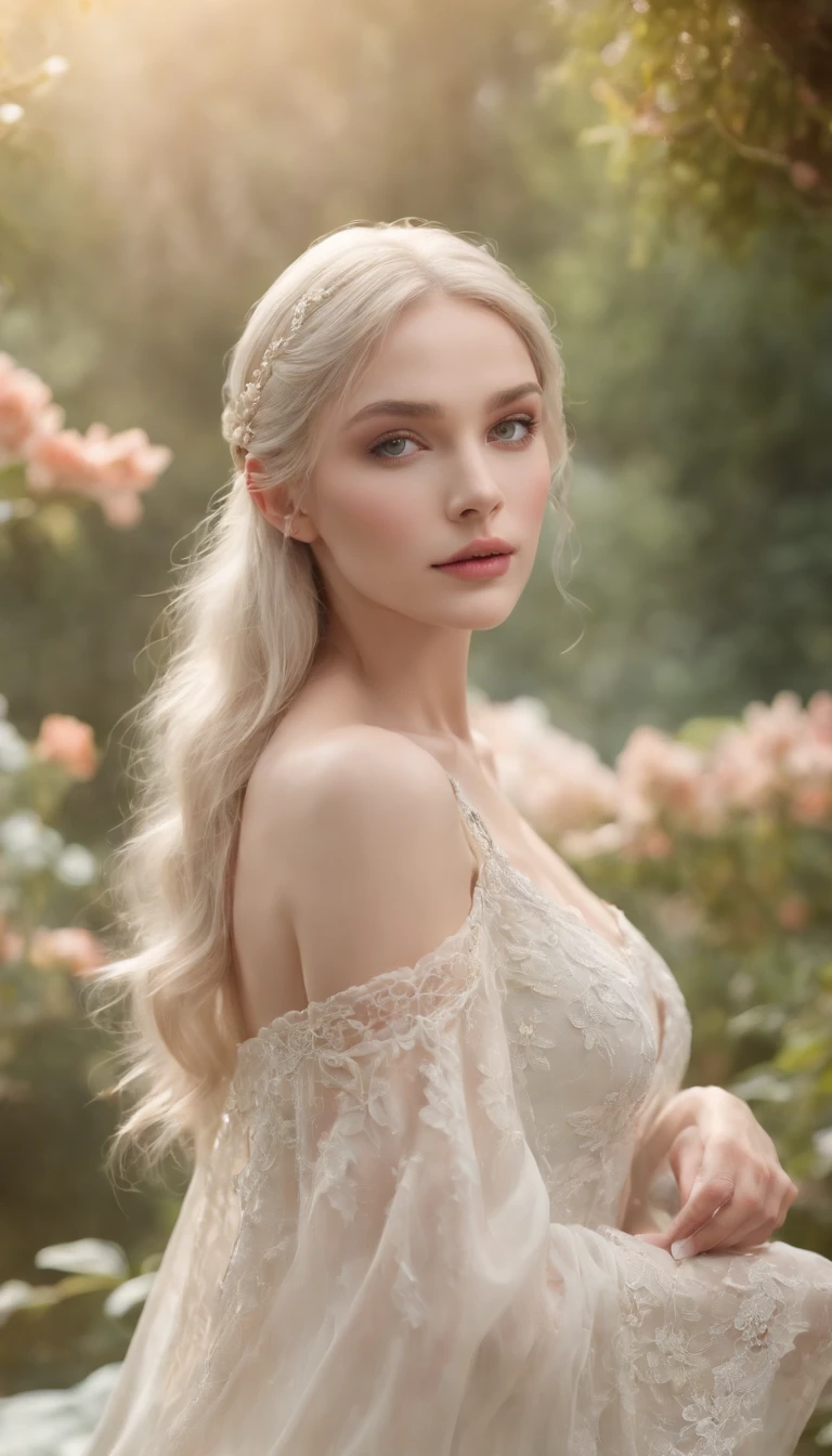(best quality,4k,8k,highres,masterpiece:1.2),ultra-detailed,(upper body),(realistic,photorealistic,photo-realistic:1.37),long and elegant elf-like ears,fair and porcelain-like skin,gently flowing platinum blonde hair,piercing and enchanting green eyes,feminine and delicate facial features,gently rosy cheeks,slender and graceful figure,wearing an ethereal flowing gown made of silk and lace,Mediterranean garden with blooming flowers,soft and warm sunlight illuminating the scene,vibrant and lush greenery surrounding the garden,refreshing fragrance of the flowers filling the air,crystal-clear pond reflecting the beauty of the garden,peaceful and serene atmosphere,subtle and harmonious color palette with pastel tones,soft and dreamlike lighting creating a magical ambiance.