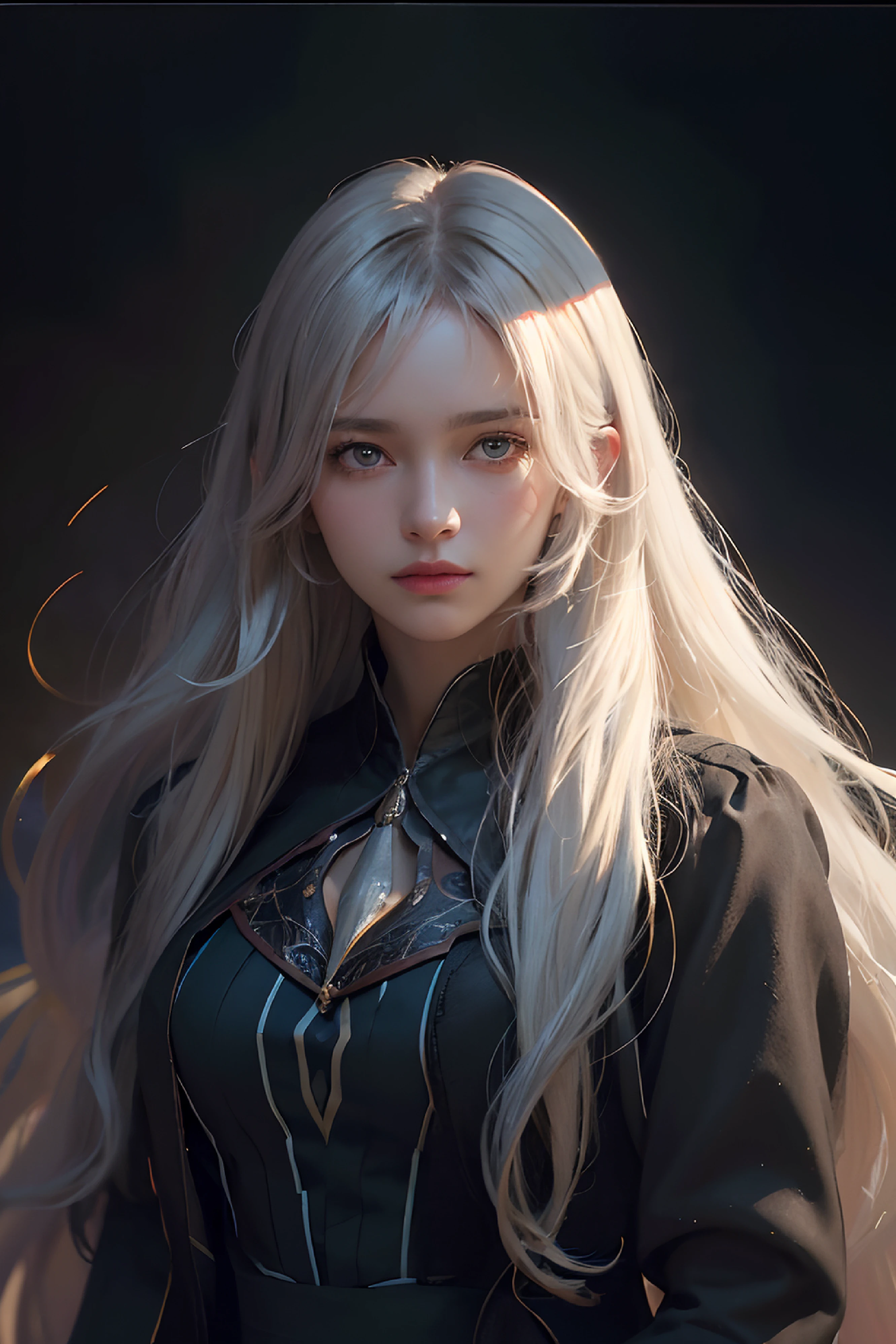 (front focus), (in the dark:1.6), Hyperrealist portrait of female by david hockney and alphonse mucha, fantasy art, photo realistic, dynamic lighting, artstation, poster, volumetric lighting, very detailed faces, 4 k, award winning, 1girl, in the dark, deep shadow, low key, cowboy shot, (official clothing:1.4), long hair, white hair