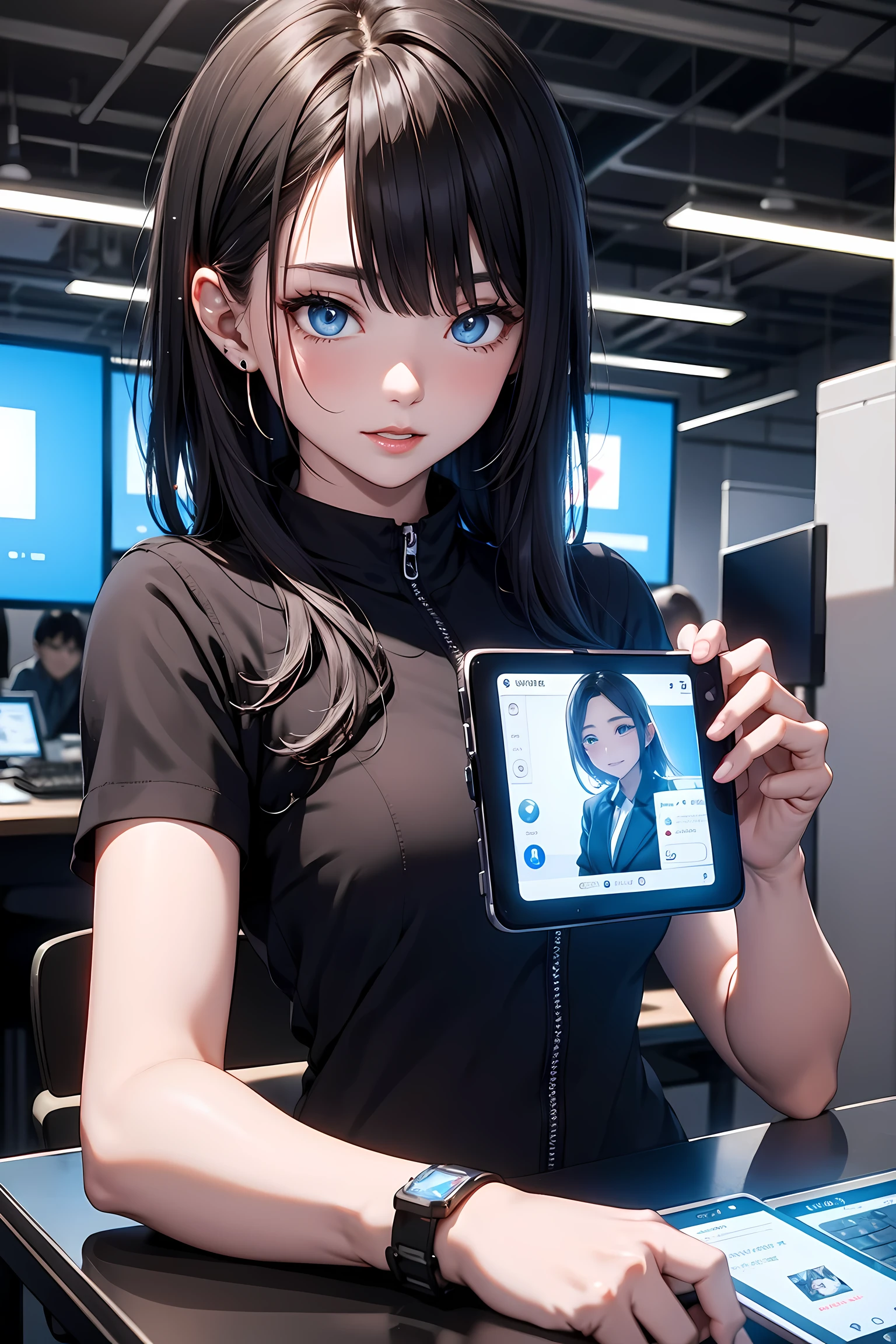 The office district of the near future、Office worker using a smartphone mounted on his arm。Beauty OL,Holograms displayed from a smartphone on your arm、