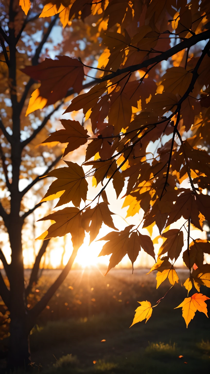 Autumn evening,Branches in the sun,Hang sunlight on the leaves,photorealestic,Natural soft light,Hyper-detailing,4K