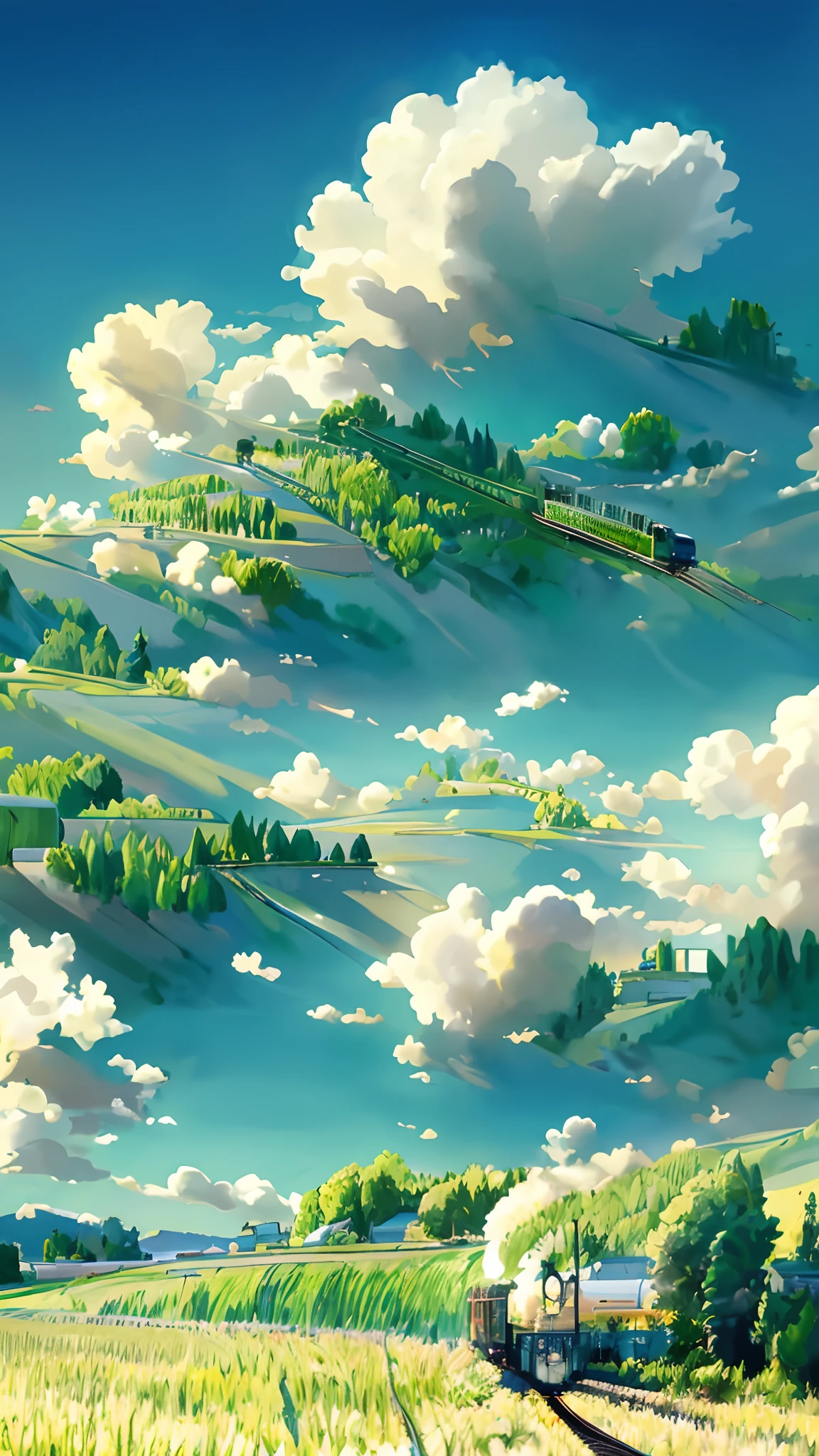 there is a train that is going down the tracks in the field, anime countryside landscape, made of tree and fantasy valley, scenery art detailed, beautifull puffy clouds. anime, detailed scenery —width 672, anime landscape wallpaper, anime landscape, studio ghibli landscape, 4k highly detailed digital art, amazing wallpaper, ross tran. scenic background, dreamy landscape