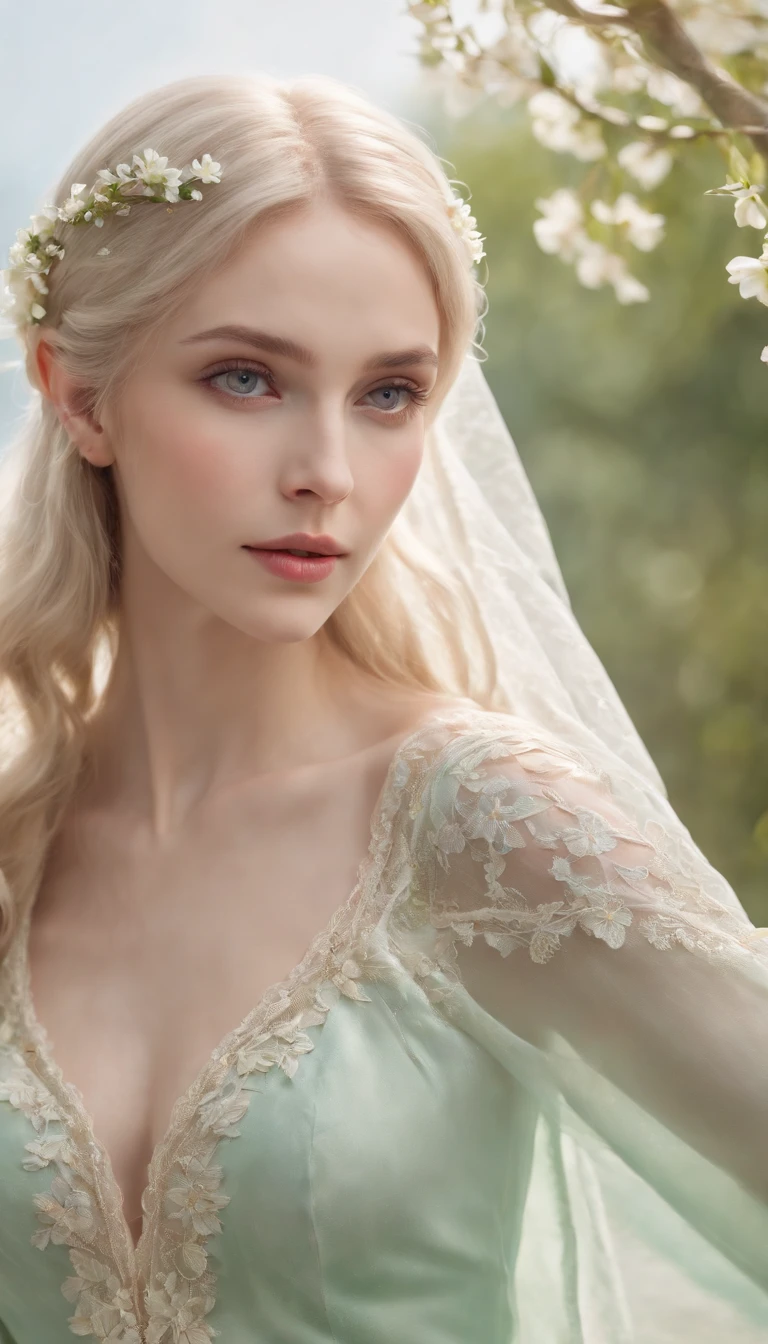 (best quality,4k,8k,highres,masterpiece:1.2),ultra-detailed,(medium close-up),(realistic,photorealistic,photo-realistic:1.37),long and elegant elf-like ears,fair and porcelain-like skin,gently flowing platinum blonde hair,piercing and enchanting green eyes,feminine and delicate facial features,gently rosy cheeks,slender and graceful figure,wearing an ethereal flowing gown made of silk and lace,Mediterranean garden with blooming flowers,soft and warm sunlight illuminating the scene,vibrant and lush greenery surrounding the garden,refreshing fragrance of the flowers filling the air,crystal-clear pond reflecting the beauty of the garden,peaceful and serene atmosphere,subtle and harmonious color palette with pastel tones,soft and dreamlike lighting creating a magical ambiance.