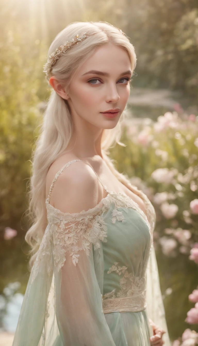 (best quality,4k,8k,highres,masterpiece:1.2),ultra-detailed,(medium close-up),(realistic,photorealistic,photo-realistic:1.37),long and elegant elf-like ears,fair and porcelain-like skin,gently flowing platinum blonde hair,piercing and enchanting green eyes,feminine and delicate facial features,gently rosy cheeks,slender and graceful figure,wearing an ethereal flowing gown made of silk and lace,Mediterranean garden with blooming flowers,soft and warm sunlight illuminating the scene,vibrant and lush greenery surrounding the garden,refreshing fragrance of the flowers filling the air,crystal-clear pond reflecting the beauty of the garden,peaceful and serene atmosphere,subtle and harmonious color palette with pastel tones,soft and dreamlike lighting creating a magical ambiance.