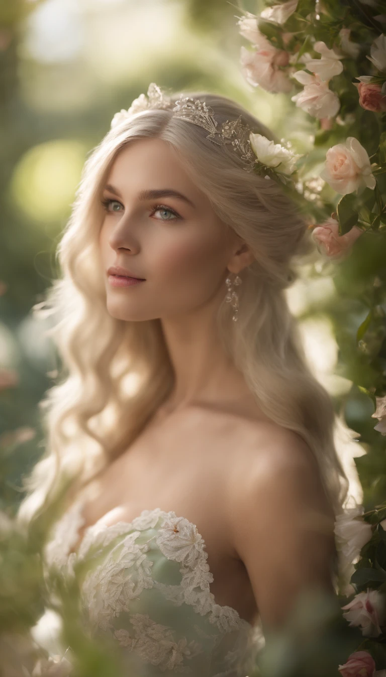 (best quality,4k,8k,highres,masterpiece:1.2),ultra-detailed,(medium close-up),(realistic,photorealistic,photo-realistic:1.37),long and elegant elf-like ears,fair and porcelain-like skin,gently flowing platinum blonde hair,piercing and enchanting green eyes,feminine and delicate facial features,gently rosy cheeks,slender and graceful figure,wearing an ethereal flowing gown made of silk and lace,Mediterranean garden with blooming flowers,soft and warm sunlight illuminating the scene,vibrant and lush greenery surrounding the garden,refreshing fragrance of the flowers filling the air,crystal-clear pond reflecting the beauty of the garden,peaceful and serene atmosphere,subtle and harmonious color palette with pastel tones,soft and dreamlike lighting creating a magical ambiance.