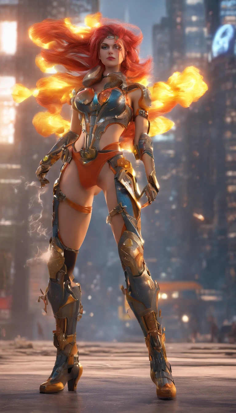 (Best quality,4K,8K,A high resolution,Masterpiece:1.2),Ultra-detailed, (Realistic,Photorealistic,photo-realistic:1.37), Long reels :1.5, battle,Tall mechanical woman, Glowing eyes, Charged glowing braids are scattered on the ground, huge boob, Abs, Particularly wide hips, Muscular legs are long, Rip skinny super suit, Sparkling mechanical heels, Mechanical tail, Smoke and flames of destroyed cities, glowing power aura, Dynamic pose, Dynamic perspective.