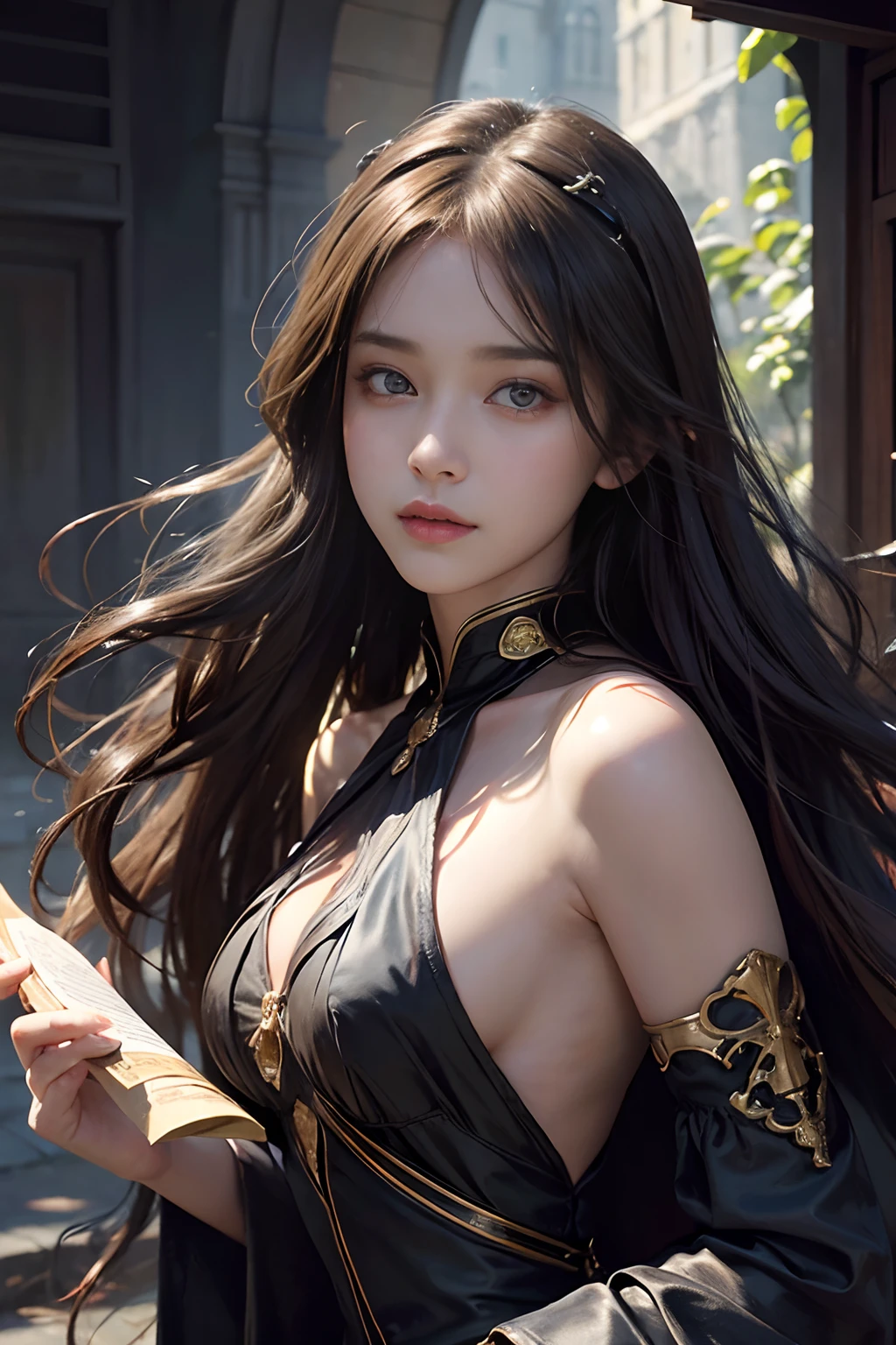 (Front focus)、(dark: 1.6)、Hyperrealist female portrait by Alphonse Mucha、Fantasy Art、photoRealstic、Dynamic Lighting、art  stations、poster for、Volume Lighting、extra detailed face、4 K、Award-winning、 1人、up of face、Beautiful white face、big eye、tiny chest、slenderbody、in the darkness nigth、deep-shadows、lowkey、cowboy  shot、Long chestnut hair swaying in the wind、