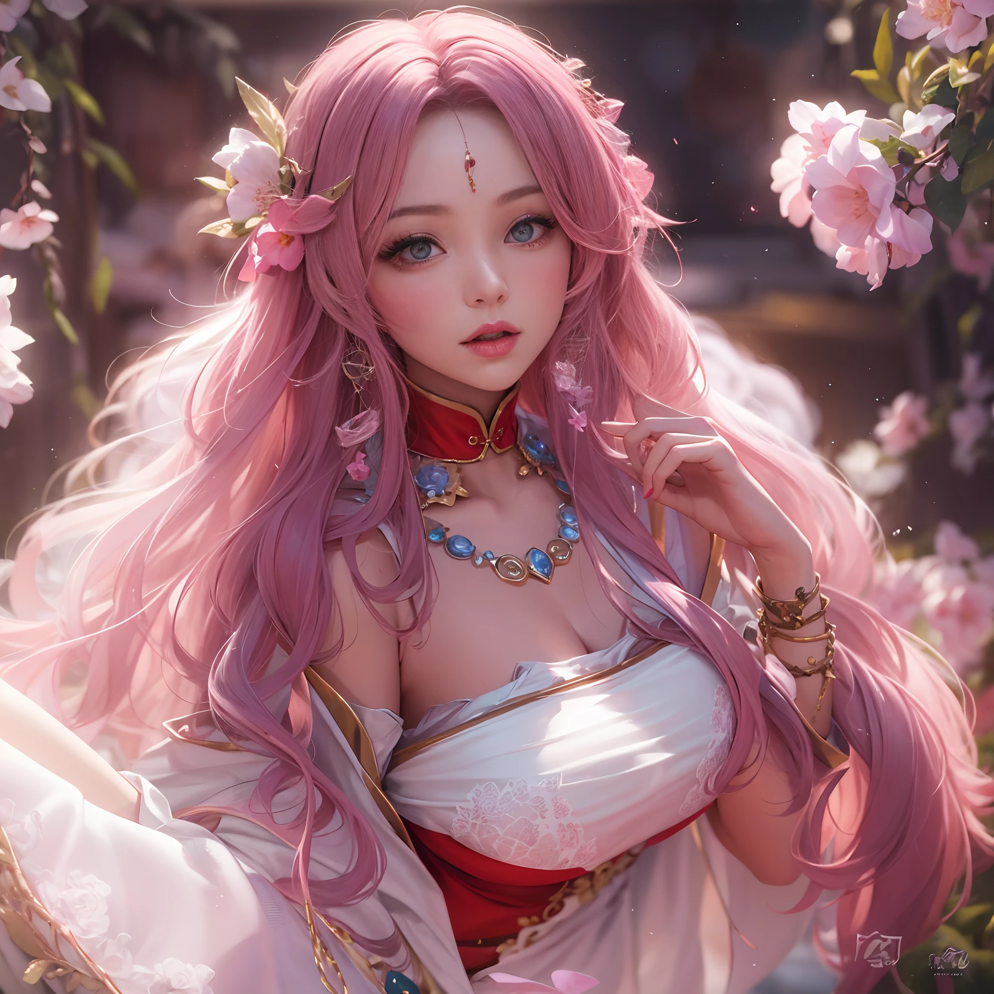 masterpiece, high quality, 1 girl, sorceress, facing forward, battle stance, long pink hair with pink fox ears, big blue eyes, small nose, cute innocent face, blue ornaments in her hair, skinny, big breasts, cleavage, dark blue kimono with long wide sleeves and white/ gold details, white lace thigh-high stockings, cinematic light, waterfall, river, pink cherry trees, green trees, waterfall, blue sky, white clouds,