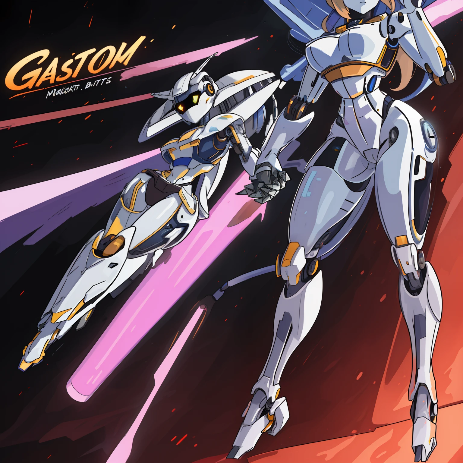 high quality, 4k, masterpiece, beautiful, mecha robot girl, cyborg girl, cowboy shot, looking at viewer, long blonde hair, girl, big breasts, thick thigh, robotic arms, robotic body, cyborg body, intricate detail, joint, detailed lines, robitic detail, holding fist up, holding hand up as fist, color robotic parts, robotic parts with color, scowling, glowing eyes, glowing parts