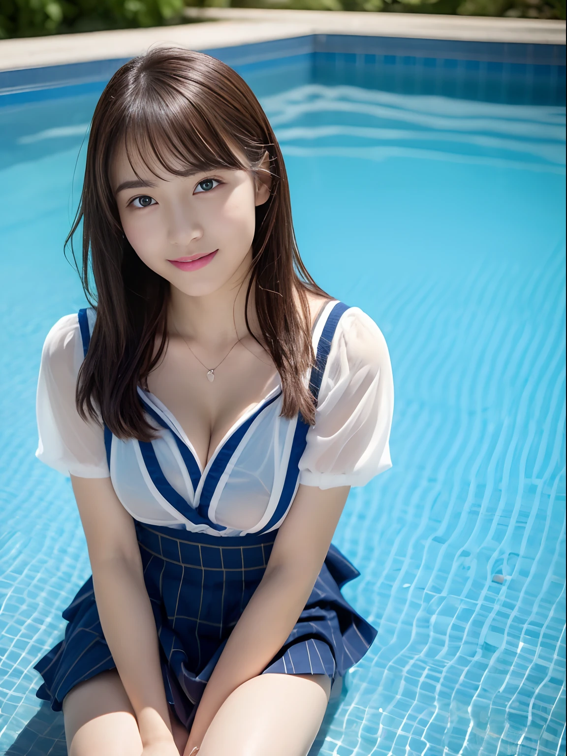 (((32k,high detal,high-detail、masterpiece,Attention to detail,full body Esbian,Lori,独奏))),Raw photo & realistic atmosphere,beautiful dark blue eyes,Detailed mouth,Glossy lips,Detailed eyebrows,Eyes drawn in detail with soft white skin that shines with every detail、Very beautiful eyes with azure eyes,Detailed lips、Very beautiful face,Very well-formed face、Lifelike face,shiny beautiful lips,Beautiful eyebrows,Infinite reality,Japan High School Uniform Best Design, Realistic Young Gravure Idol,Very cute high school girl, , japanese girl school uniform, Japanese high school girl , Young Sensual Gravure Idol, Young Gravure Idol, Beautiful and cute17 year old schoolgirl,the whole body is wet,dripped out,with a flushed face,Tremendously beautiful17-year-old girl,natural soft light、The body is dripping wet,Sheer clothing,Brown shiny hair,Hair is wet,Dripping water,dripping,(The skirt is raised to the very edge,bare-legged,,Wet and see-through white short sleeve shirt,summer clothing,Beautiful kind eyes,Looking at the camera:1.3),(((Soft body,,Slightly chubby,youthfulness,swimming pools,Sit up,Beautiful smooth legs,Exposed thighs,Gentle smile,well-shaped breasts,,Immature body,Sexy dressing,short-cut,See-through short-sleeved shirt with wide open chest,You can see a little cleavage))),(Shot from the air,Shot from directly above,Shot in the center of the chest:1.5)