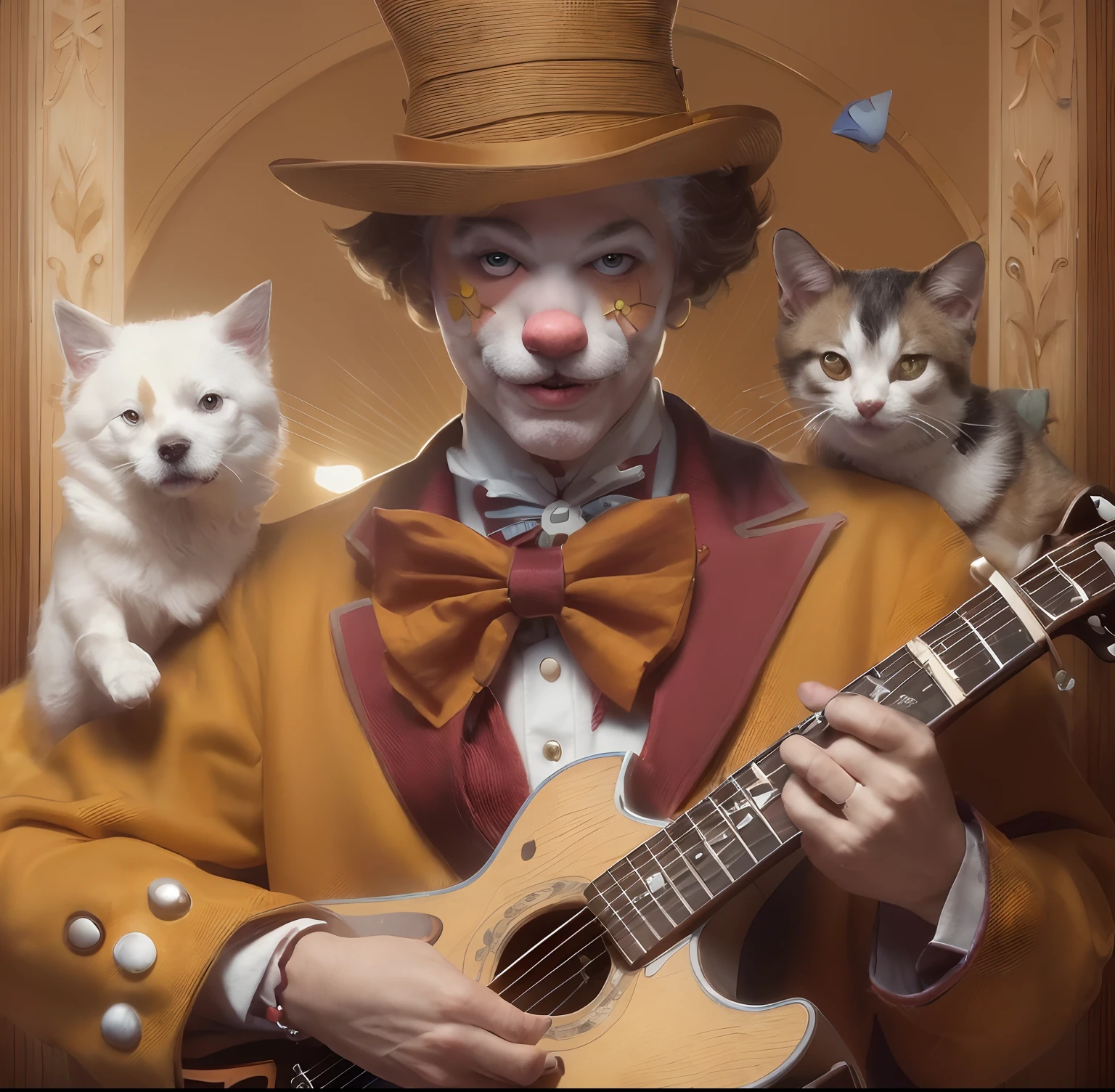 a close up of a person with a guitar and a dog, michael cheval (unreal engine, cutecore clowncore, inspired by Michael Cheval, vaudevillian, god of dogs, by Michael Cheval, welcome to the circus, beeple and jeremiah ketner, featured art, extremely high quality artwork, anthropomorphic, dog party