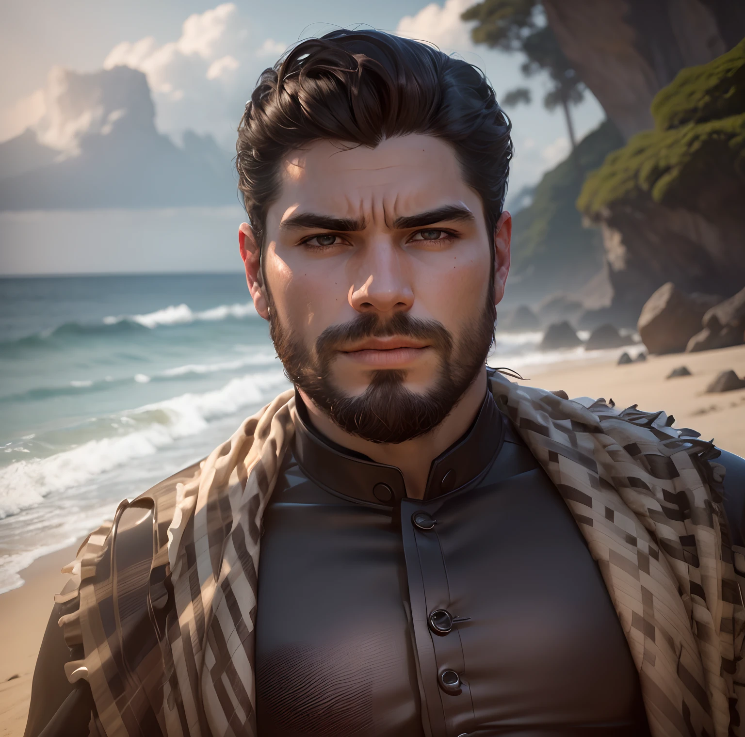 photography of a handsome man, (((very heavy bust))), wavy hair, sitting on rocks, beside the beach, looks into the camera, symmetrical eyes, symmetrical face, photorealistic, photography, path tracing, specular lighting, volumetric face light, path traced hair, visible shadows, intricate, elaborate, hyper realistic