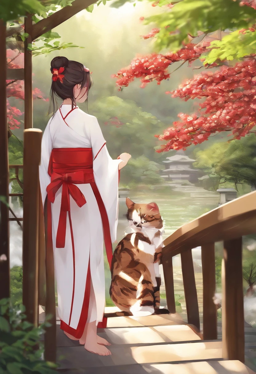 ((Masterpiece,Best quality)),Outdoors, Red torii, tree, stairways,, 2girls, miko,miko, view the viewer, Looking back,, red legwear, Red ribbon, Black hair,Cherry blossoms, day, flower, hair-bun, Hair ribbon, Japanese clothes, komono, Long hair, Cat ears, Small flowers,, Multiple girls, Red eyes, Red hair, ribbon, sandals, single hair bun, standing,Clogs sandals,White kimono, Yellow eyes,Sparkle,upper legs,