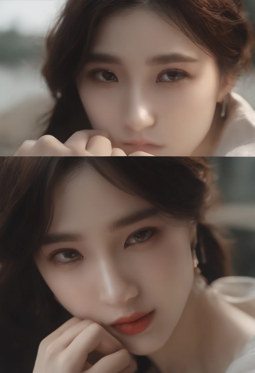 8K, Best quality, Masterpiece, 超高分辨率, (Realism: 1.4), Original photo, (Realistic skin texture: 1.3), (filmgrain: 1.3), (Selfie angle), 1 girl, Beautiful Eyes and Face Details, Masterpiece, Best quality, Close-up, Upper body, looking at viewert