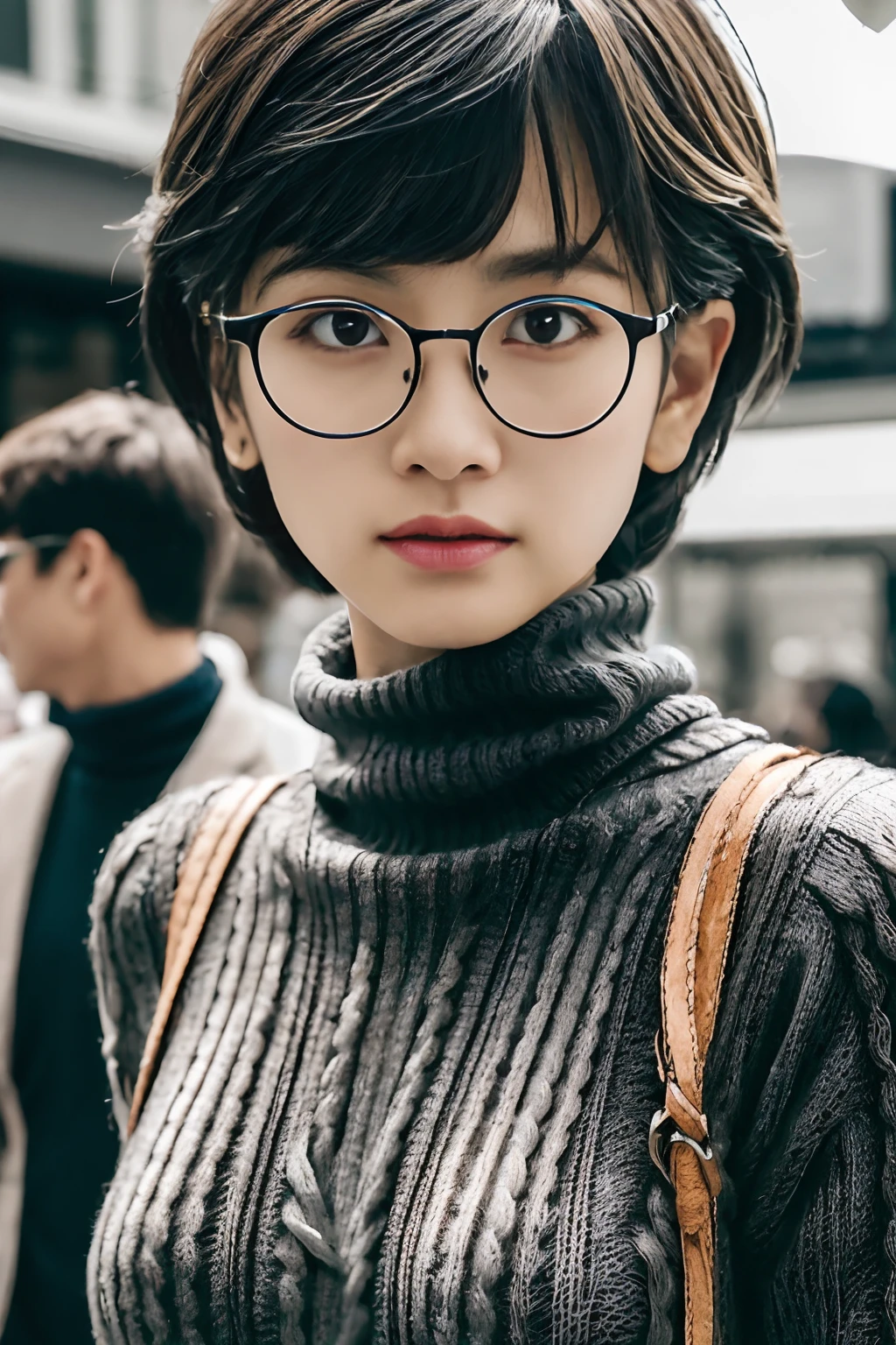 shopping street、Public places、、(disheveled extra fluffy pixie cut:1.2)、8K、Raw photography。top-quality、hightquality、Extreme Detail Photography、Eye for extreme detail、Super Detail Face、Hair in super detail、Super detail body、(Photography Lighting:1.3)、1girl in、The face is about 17 years old.、Puffy eyes、Eyes in good shape。Brown-eyed、dark brown short hair、good lips、Small lips、(Medium chest:1.3)、good breasts、Natural makeup、Raw photo, Best Quality, masutepiece, ultra-detailliert, 超A high resolution, Realistic, (dark grey cable knit turtleneck sweaters:1.2)、(detailed fabrics:1.3), cleft chin, (slanted eyes), (windsor glassses:1.2), (rabbit tooth:1.2)