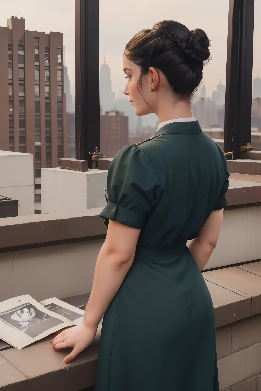 pre-raphaelite scene with a woman factory worker with black hair in a bun, in a New YorK rooftop, watching some old photographs, ((1940s working outfit)) ((1940s hairstyle bun)) ((in the style of "OMITB"))
