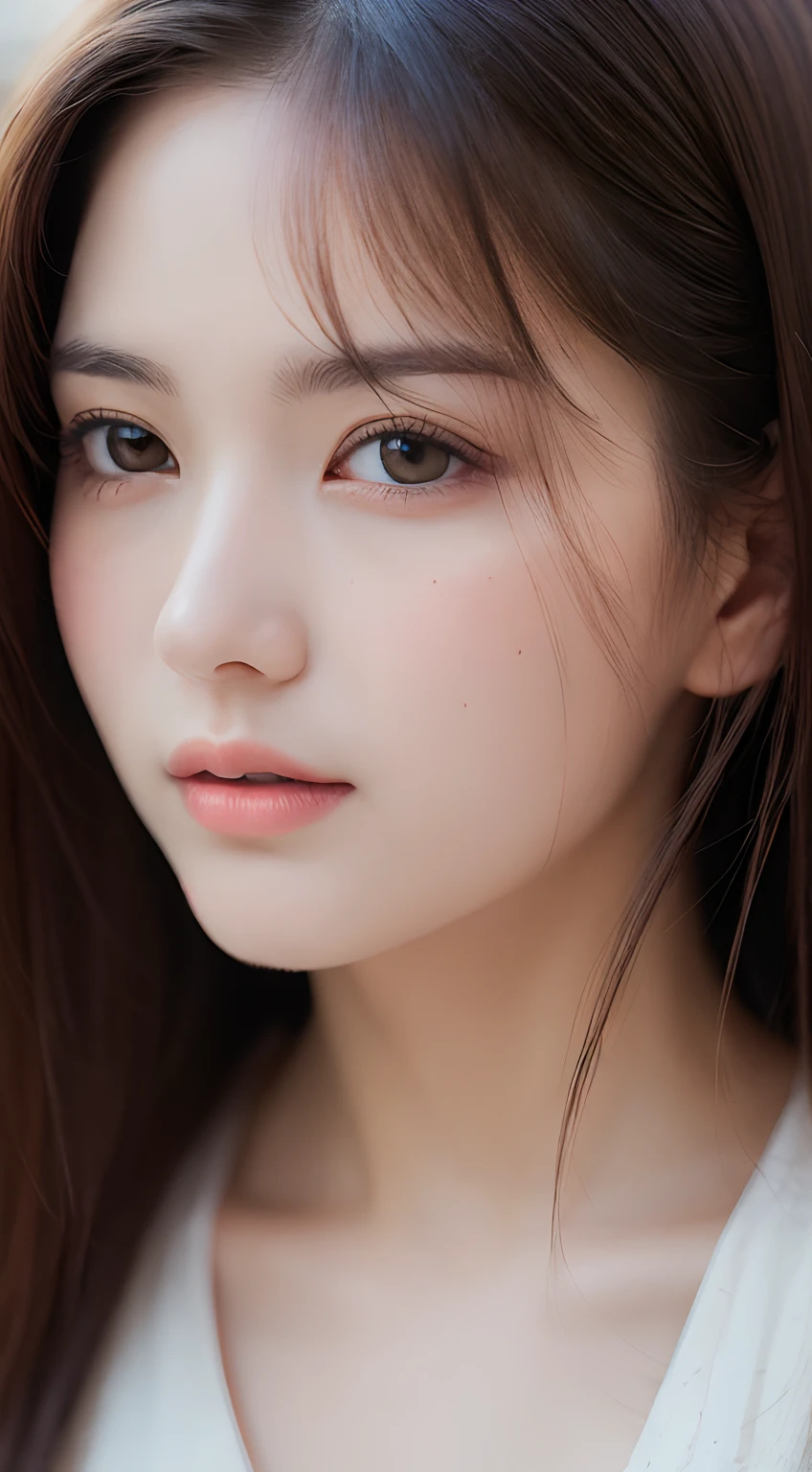 (detailed and realistic portrait of a girl with a clean face), (round eyes and long flutters hair shot outside),staring at camera,magical photography, with dramatic lighting, photo realism, Ultra-detailed, intimate portrait composition, (centered image composition),(close up shot:1.6),Best Quality,f/1. 8, 85mm,((Top Quality, 8K, masterpiece :1.3)), 1woman, Pretty woman with emphasizing slender abs :1.3, (Random hairstyles :1.2), oversized tank top:1.2, hyper detailed face, detailled eyes.