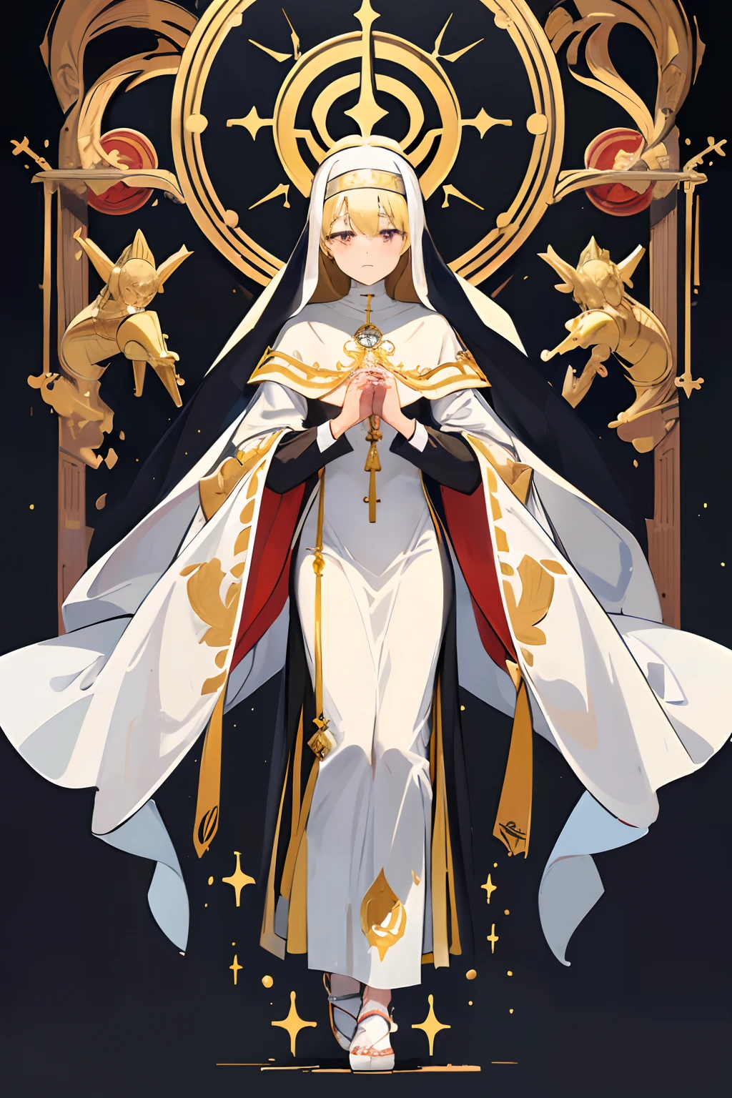 (mouthpiece, top quality, illustration, very high quality, very fine writing), golden nun, full body, lively, no background, one person, praying pose, wizard, gentle, religious and kind to others, a being who fulfills a divine mission and washes the heart through prayer.
