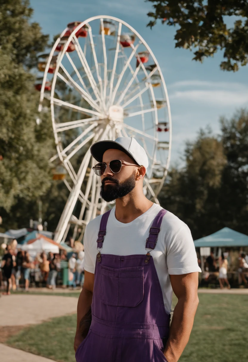 arafed man in overalls and a hat standing in front of a ferris wheel, wearing overalls, at a park, wearing dirty overalls, with a park in the background, bad bunny, artist wearing overalls, baggy purple overall shorts, profile picture 1024px, overalls, overalls and a white beard, at the park
