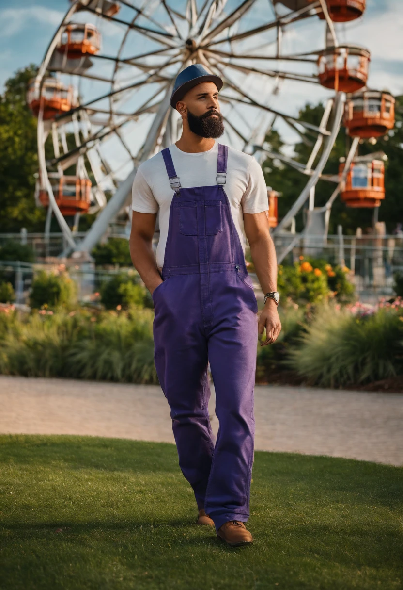 arafed man in overalls and a hat standing in front of a ferris wheel, wearing overalls, at a park, wearing dirty overalls, with a park in the background, bad bunny, artist wearing overalls, baggy purple overall shorts, profile picture 1024px, overalls, overalls and a white beard, at the park