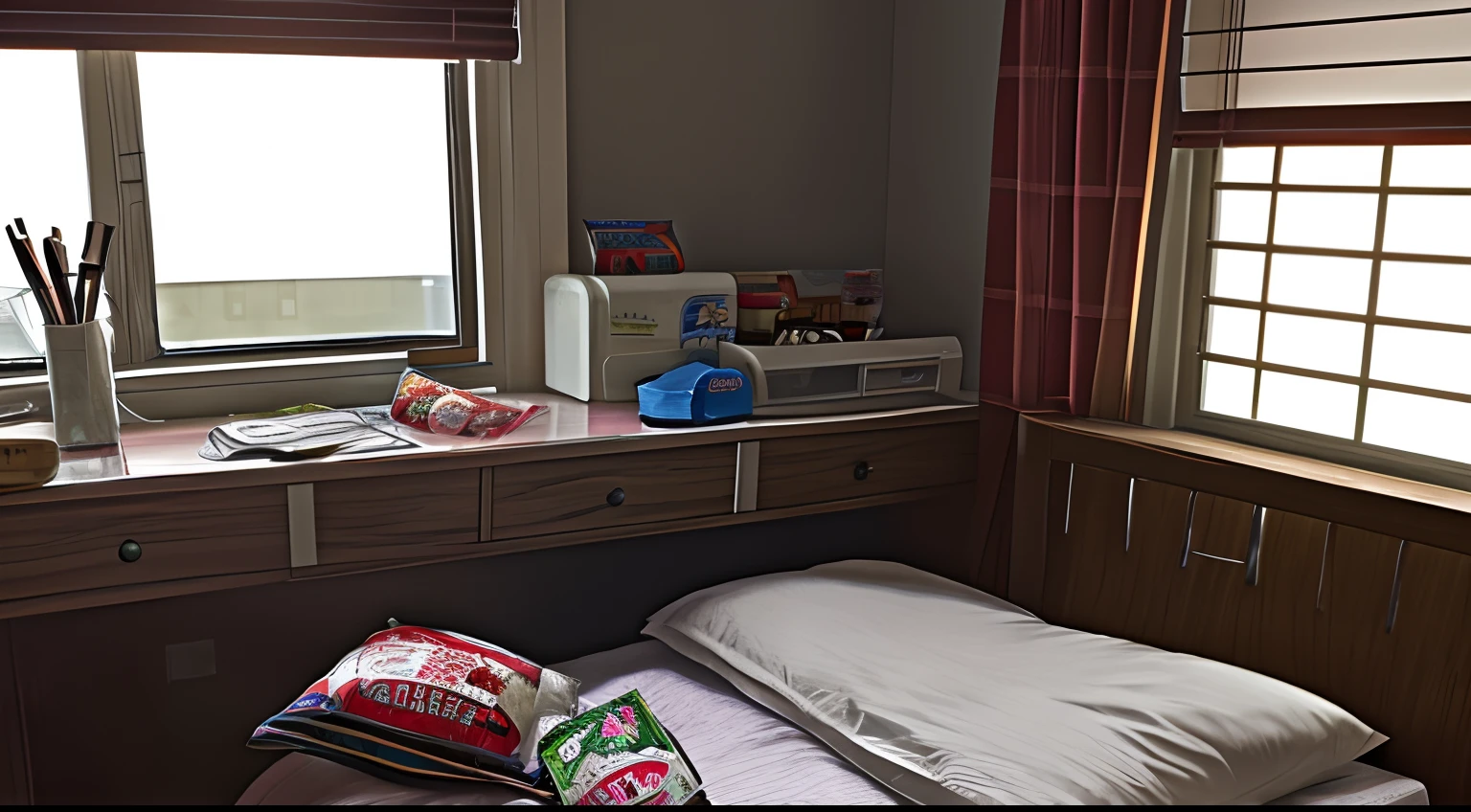 Bedside writing desk, Half a bag of instant noodles, nase，Long gas，Food aroma，saliva，smelly，Knead instant noodles，Taste in the mouth，scissors，Instant noodle bag cut，Tongue stock，Rinse your mouth with mineral water，Beds，window，zombies in the streets，Eat apocalyptic scenes
