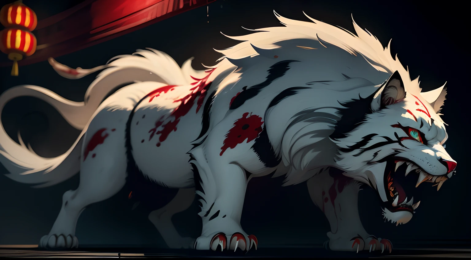 Best quality,Masterpiece,超高分辨率,(Photorealistic:1.4)Big cat,Fierce,Prepare for a raid,(Dynamic Angle),True blood,Angry,Gape,red - eyed,White fangs,(White hair), red color eyes, (full bodyesbian), (((Claws))), (Beautiful detailed eyes), Blood drop,Blood fog, Floating hair,Splashing blood,(blood stain),