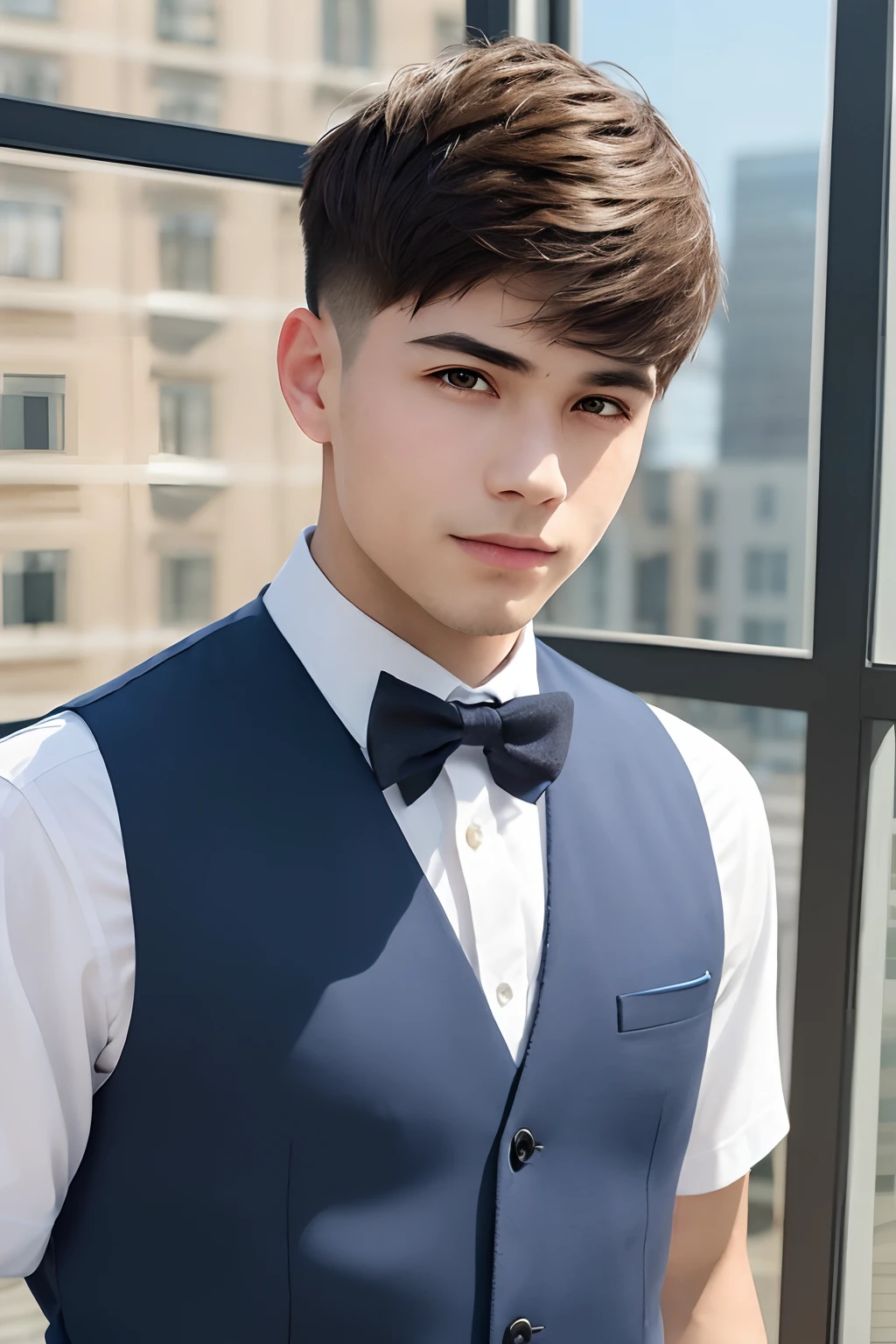 1boy, matured male, square face, taper haircut, vest, bow, photo, realistic, best quality, hires, detailed face, office, buildings from window, detailed background, diffused sunlight, depth of field, bokeh