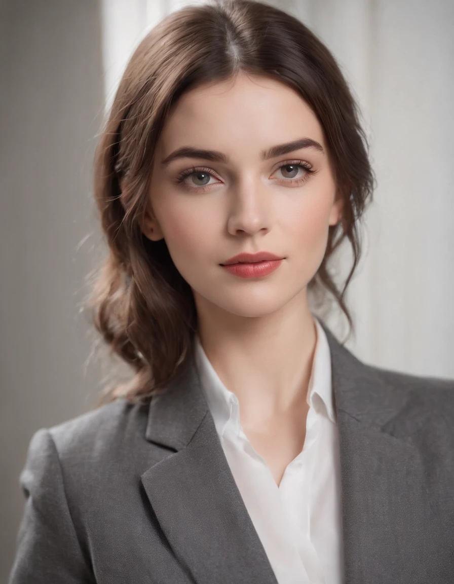 young brunette woman dressed in a tailor's suit, light background, in the style of ultrafine detail, high quality photo, 35 mm f/5.6