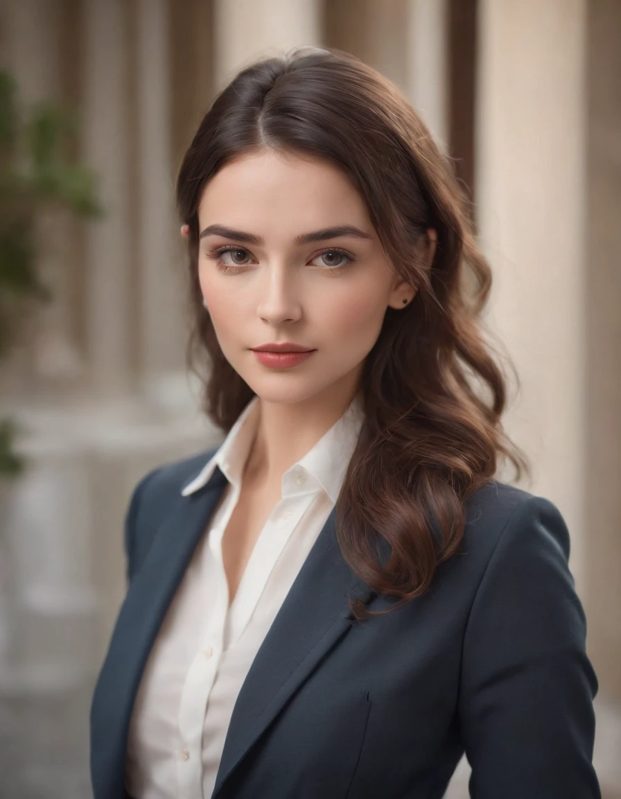 young brunette woman dressed in a tailor's suit, light background, in the style of ultrafine detail, high quality photo, 35 mm f/5.6