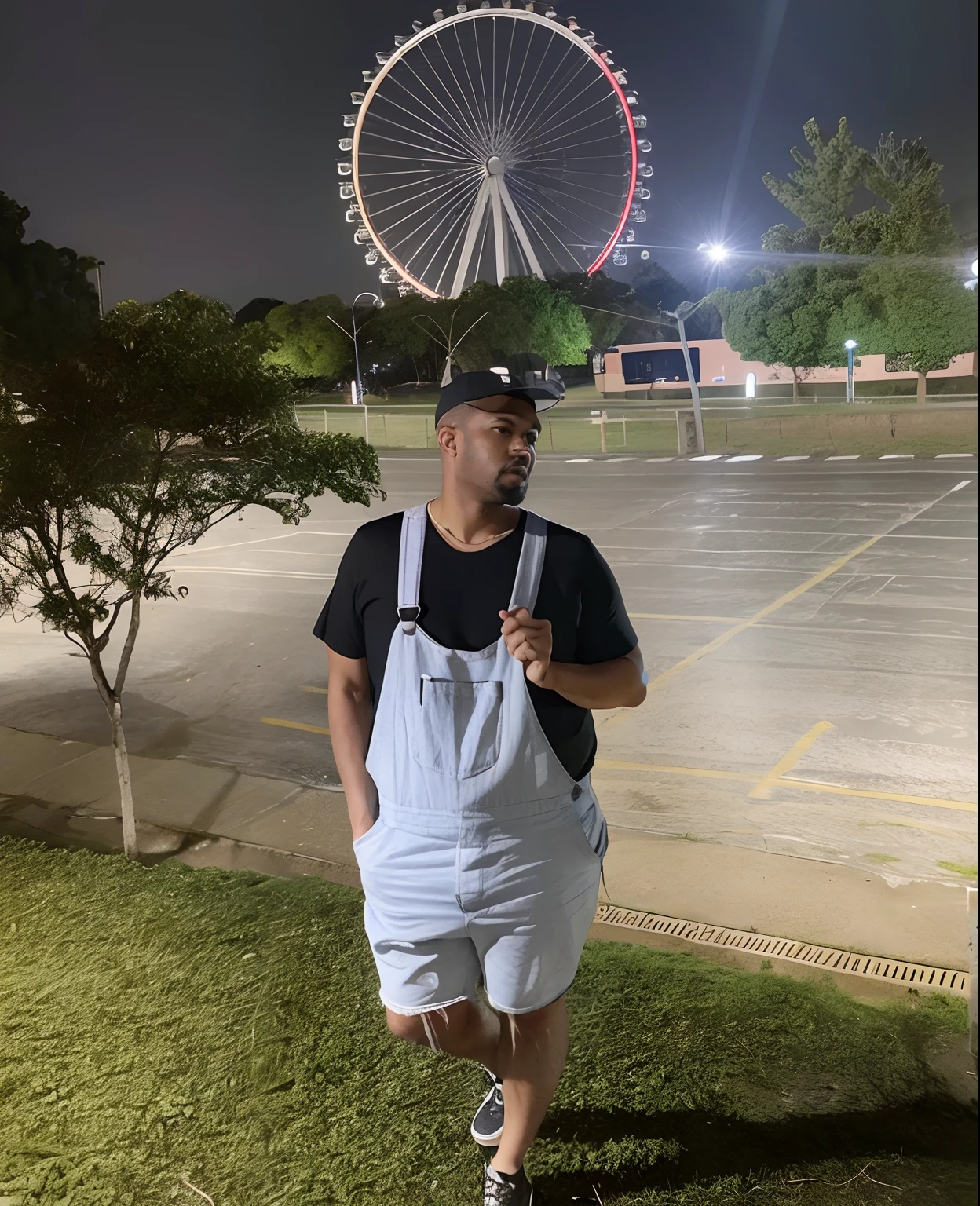 Man in overalls and hat standing in front of a Ferris wheel, wearing overalls, em um parque, wearing dirty overalls, com um parque ao fundo, Coelho ruim, artist wearing overalls, shorts roxos baggy geral, foto de perfil 1024px, catsuit, overalls and a white beard, no parque