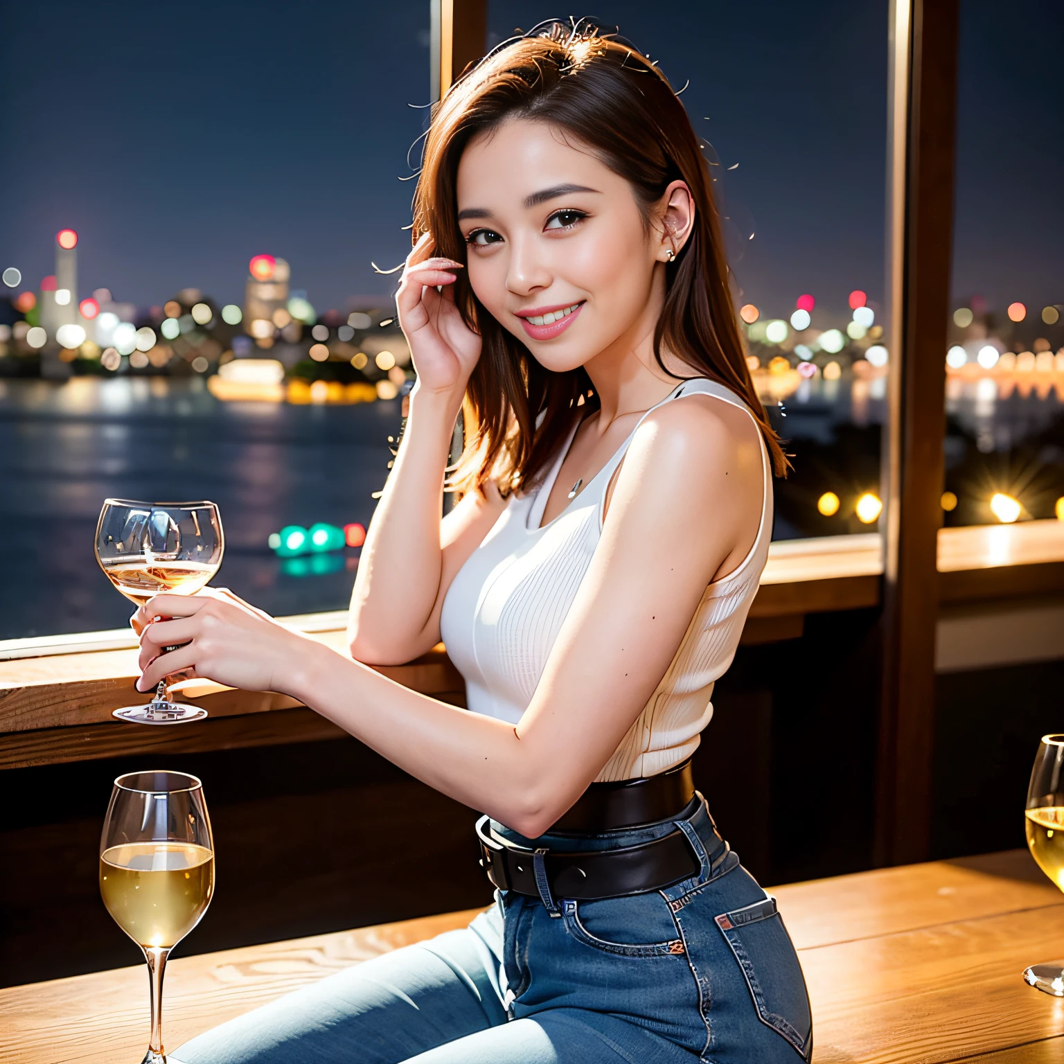 (64K, UHD, top quality, masterpiece: 1.2), (realistic, photorealistic: 1.37), super detailed, pretty woman 1 person, (slim face), (slim body), (brown hair), (short cut), cheeks slightly blushing, (44 years old), 38 years old, solo, beautiful detailed urban night view outside the window, restaurant, wine glasses sit, at night, in a prominent placeNovaFrogStyle, Actress, Model, Waist Up, White Wine, Slim, Wine Glass, Super Clean Night View, Wine Glass Put in the Middle, Happy Smile, (Smile: 1.15), Beautiful Fine Eyes, Upper Body, Bust Japan Up, Night, Short, Short, Actress, Model, Waist Up, White Wine, Slim, Wine Glass, Super Clean Night View, Wine Glass Put in the Middle, Happy Smile,