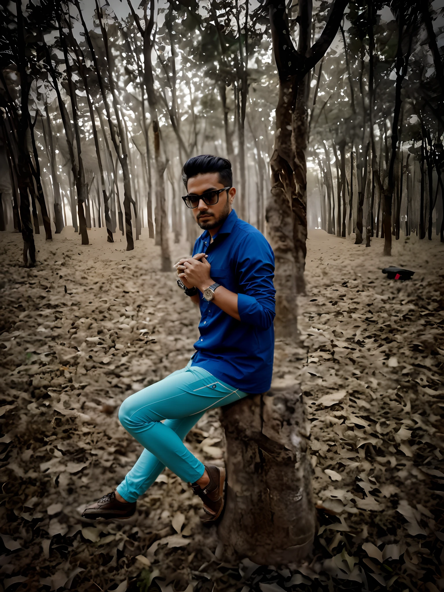 araffe sitting on a tree in a forest with a watch, looking majestic in forest, casual photography, in front of a forest background, in forest jungle, stylish pose, in forest, standing on a forest, in jungle forest, modeling shoot, sitting in the forrest, standing in a forest, shot on canon eos r 5, standing in the forrest