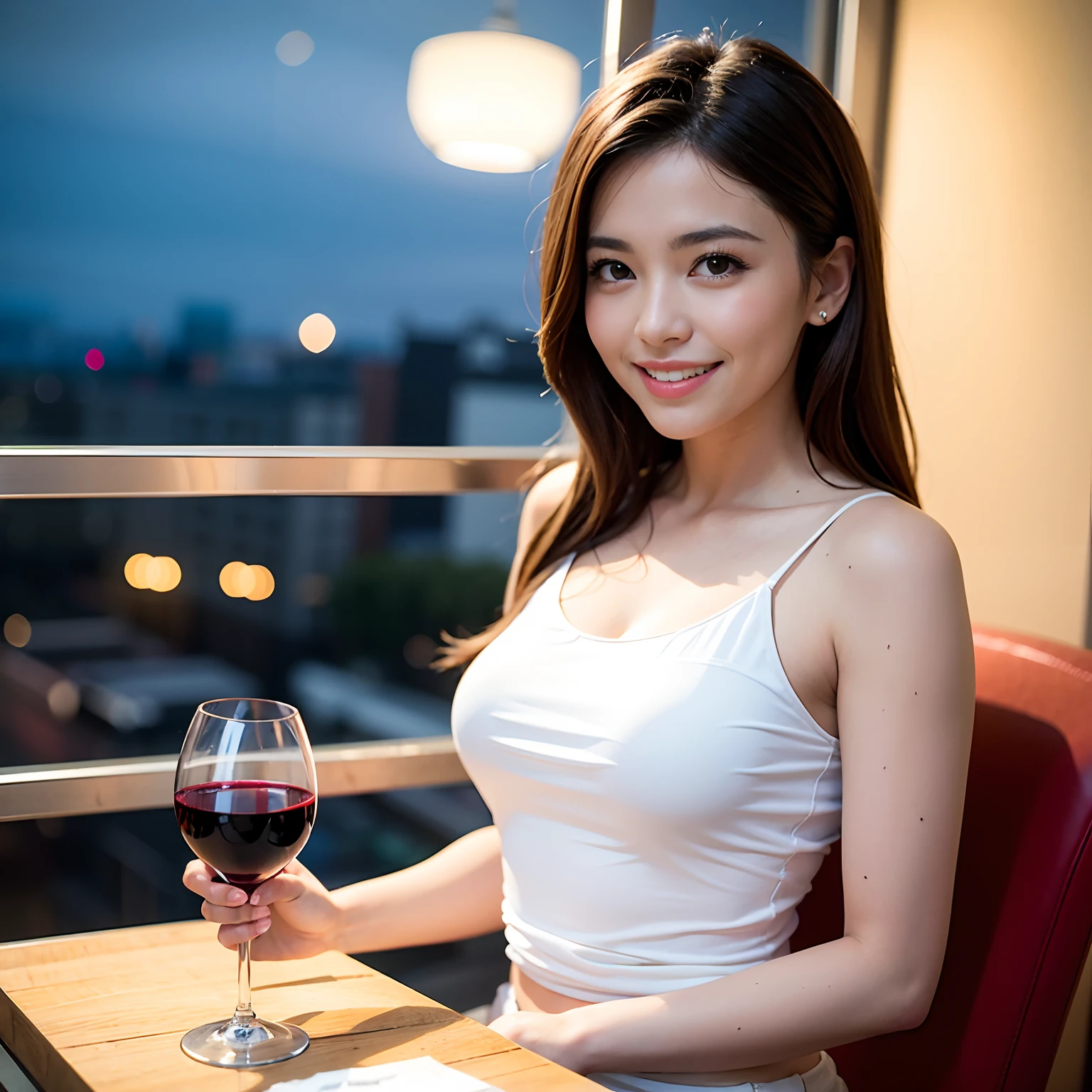 (64K, UHD, top quality, masterpiece: 1.2), (realistic, photorealistic: 1.37), super detailed, pretty woman 1 person, (slim face), (slim body), (brown hair), (short cut), cheeks slightly blushing, (44 years old), 38 years old, solo, beautiful detailed urban night view outside the window, restaurant, wine glasses sit, at night, in a prominent placeNovaFrogStyle, Actress, Model, Waist Up, White Wine, Slim, Wine Glass, Super Clean Night View, Wine Glass Put in the Middle, Happy Smile, (Smile: 1.15), Beautiful Fine Eyes, Upper Body, Bust Japan Up, Night, Short, Short, Actress, Model, Waist Up, White Wine, Slim, Wine Glass, Super Clean Night View, Wine Glass Put in the Middle, Happy Smile,