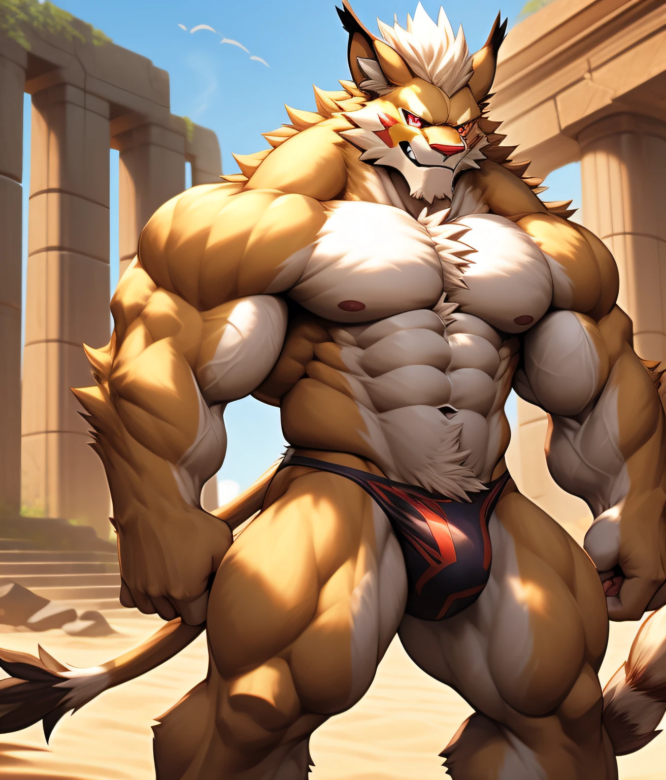 nj5furry, (Leomon, massive, huge), Leomon, ((extremely realistic shadows, masterpiece, extremely detailed, photorealistic)), kemono, the fur on his torso and thighs is the same color as the fur on his back, (((LIGHT BROWN FUR))) Leomon, ((detailed face)) red nose, red eyes, ((detailed eyes)), tan skin, tan fur, tan hair,  bulge in the crotch, detailed bulge, height 3 meters high, the optimal height, tight clothing, body full of muscles; muscle and bulge pecs, ripped abs, V-shaped body, thick waist, long legs, strong arms manly, handsome face, attractive cool calm face type with a cold smile, topless. Ruins of a Jedi temple in the beach behind him; wears a tiny tight thong that reveals huge, muscular thighs.