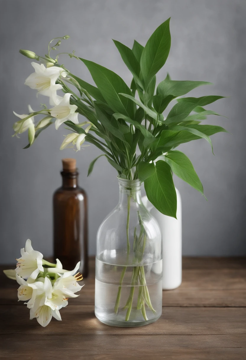 Herbs and organic plant on background, 3 bottle on a wooden floor, lilies, sun rising trow the bottle