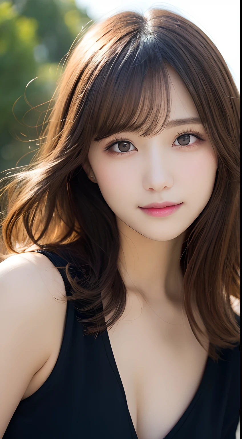 masutepiece, Best Quality, Illustration, Ultra-detailed, finely detail, hight resolution, 8K Wallpaper, Perfect dynamic composition, Beautiful detailed eyes, Women's Fashion Summer,Medium Hair,small tits,Natural Color Lip, Bold sexy poses,Smile,Harajuku、20 years girl、Cute、Sexy shot looking at camera