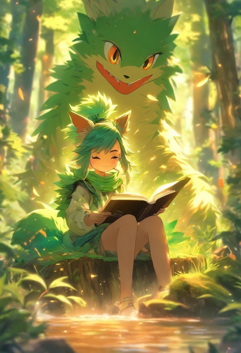 Masterpiece, Best quality,, 1girll, Sitting, Animal, Animal ears, Bird, black_Hair, book, bookmark, branch, mitts, Grass, Green hair, Holding, holding book, Hood, Hood down, leafs, view the viewer, multicolored hair, Open_book, Partially fingerless gloves, pen, plant, pouch, quill, Reading, Sitting, Smile, Solo, Tail, tree, stump,, sky, Sun, Mountain, forest, Lake
