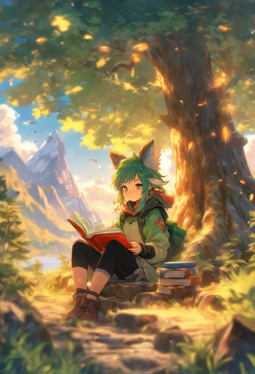 Masterpiece, Best quality,, 1girll, Sitting, Animal, Animal ears, Bird, black_Hair, book, bookmark, branch, mitts, Grass, Green hair, Holding, holding book, Hood, Hood down, leafs, view the viewer, multicolored hair, Open_book, Partially fingerless gloves, pen, plant, pouch, quill, Reading, Sitting, Smile, Solo, Tail, tree, stump,, sky, Sun, Mountain, forest, Lake