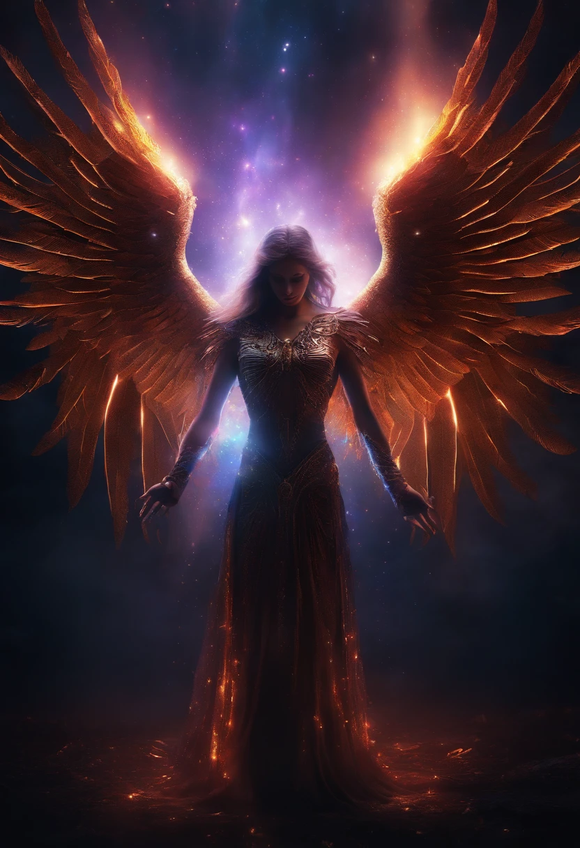 Cosmic Fallen Angel, glowing light eyes, Biomechanical, eerie, Creepy, nightmarish, Very bright colors, Light particles, with light glowing, Mshiff, wallpaper art, UHD wallpaper, boobs