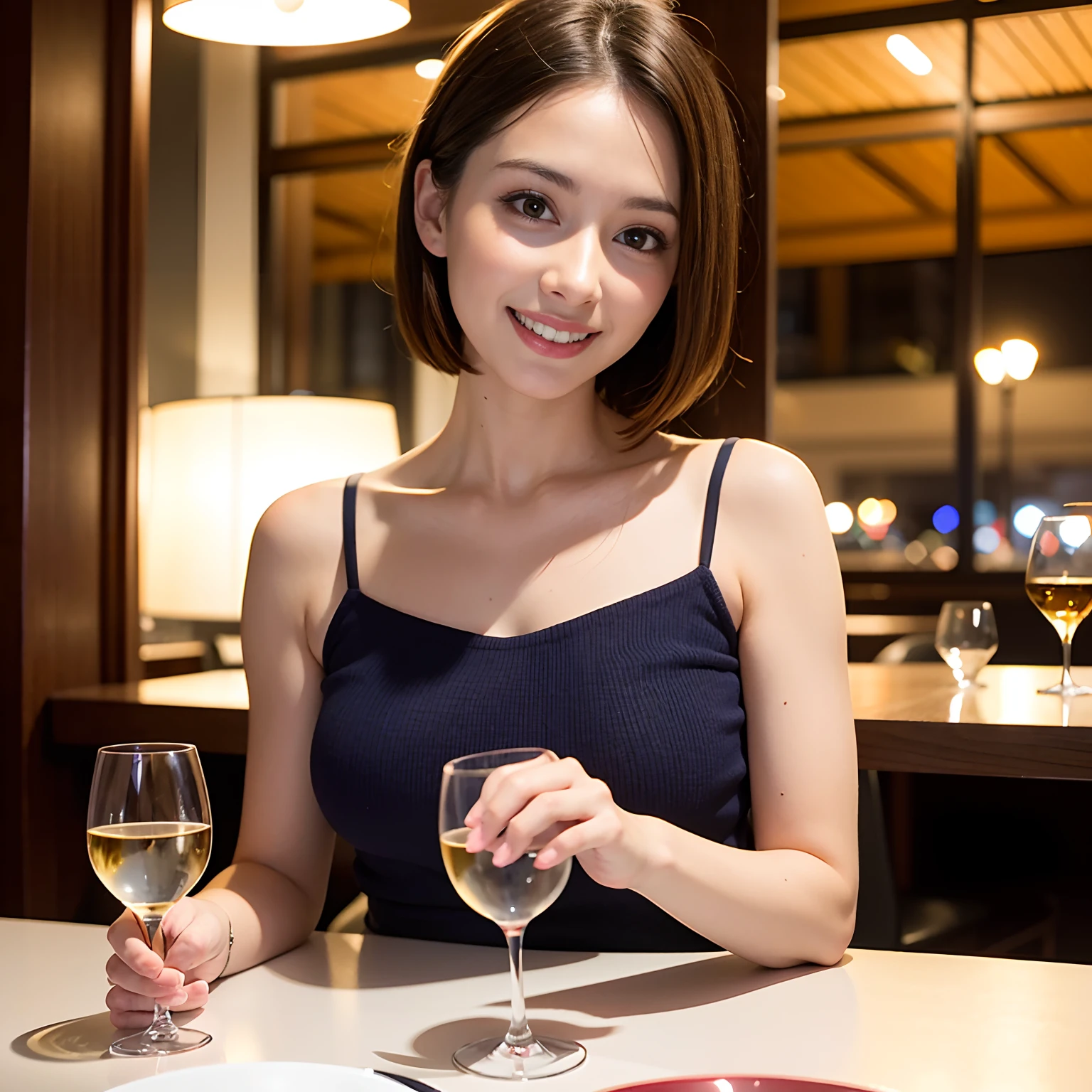 (hair, Ultra-high resolution, Highest quality, masterpiece: 1.2), (Realistic, photoRealistic: 1.37), Very detailed, 1 pretty woman, (slimな顔), (The body is slim), (Brown Hair), (Shortcuts), cheeks turn a little red, (44 years old), 38 years old, alone, 窓の外の美しい詳細な都市のnight景, restaurant, wine glassが座る, nightに, NovaFrogStyle in a prominent place, actress, model, Upper Body, White wine, slim, wine glass, Super Clean night View, wine glass Put in the Middle, Happy smile, (smile: 1.15), Beautiful Eyes, Upper Body, Destroy Japan, night, short, short, actress, model, Upper Body, White wine, slim, wine glass, Super Clean night View, wine glass Put in the Middle, Happy smile,