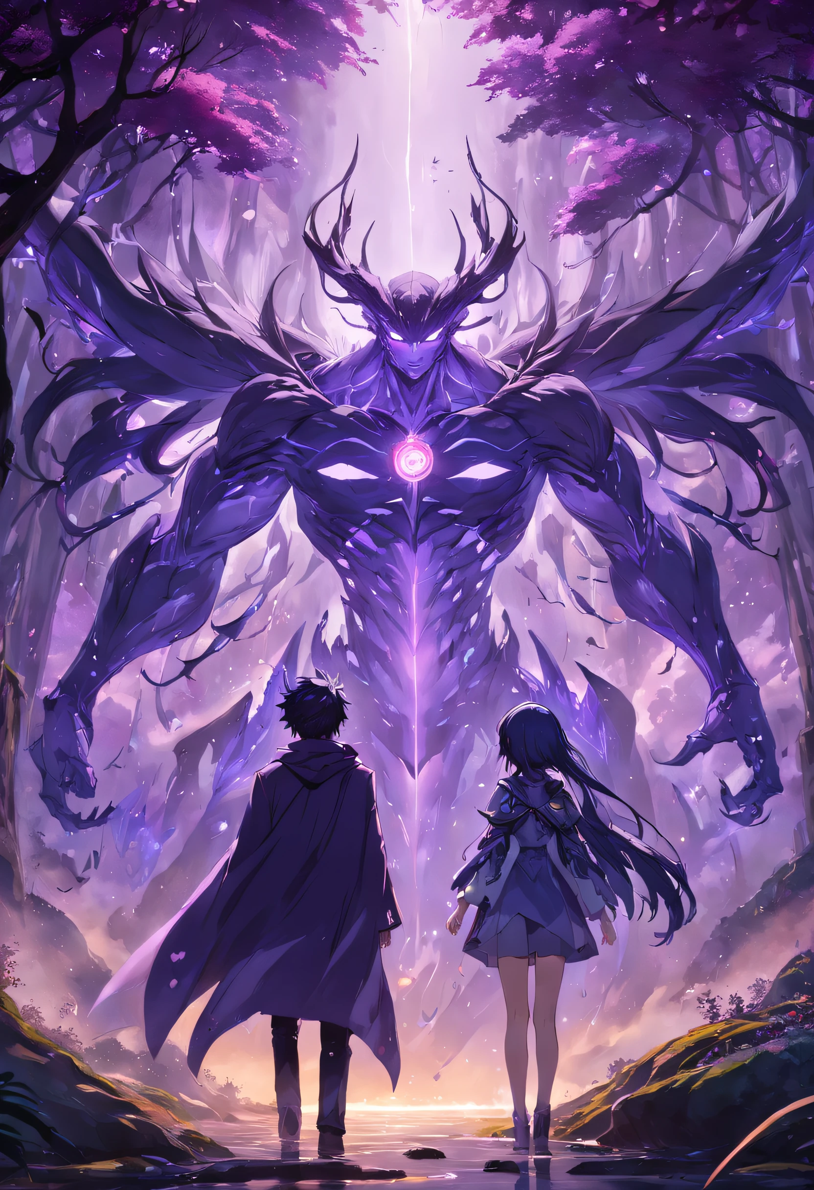 um homem e uma mulher. uma floresta misteriosa. renderizações hiperdetalhadas, estilo anime, estilo Violet Evergardem, 8k, olhos detalhados, olhos perfeitos, epic, dramatic, genial, corpo inteiro, design e detalhes intrincados, lighting dramatic, 8k, rosto detalhado