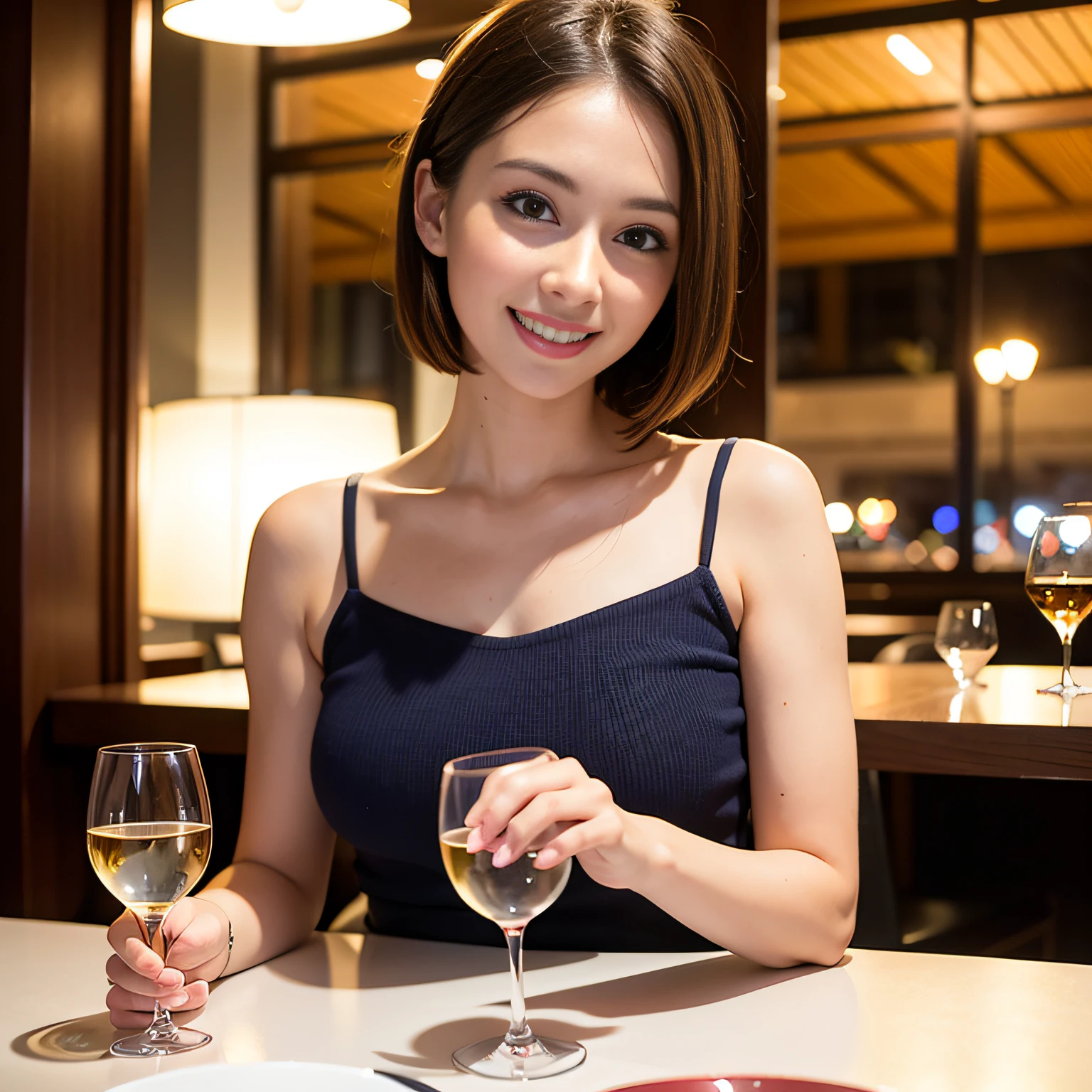 (64K, UHD, top quality, masterpiece: 1.2), (realistic, photorealistic: 1.37), super detailed, pretty woman 1 person, (slim face), (slim body), (brown hair), (short cut), cheeks slightly blushing, (44 years old), 38 years old, solo, beautiful detailed urban night view outside the window, restaurant, wine glasses sit, at night, in a prominent placeNovaFrogStyle, Actress, Model, Waist Up, White Wine, Slim, Wine Glass, Super Clean Night View, Wine Glass Put in the Middle, Happy Smile, (Smile: 1.15), Beautiful Fine Eyes, Upper Body, Bust Japan Up, Night, Short, Short, Actress, Model, Waist Up, White Wine, Slim, Wine Glass, Super Clean Night View, Wine Glass Put in the Middle, Happy Smile,