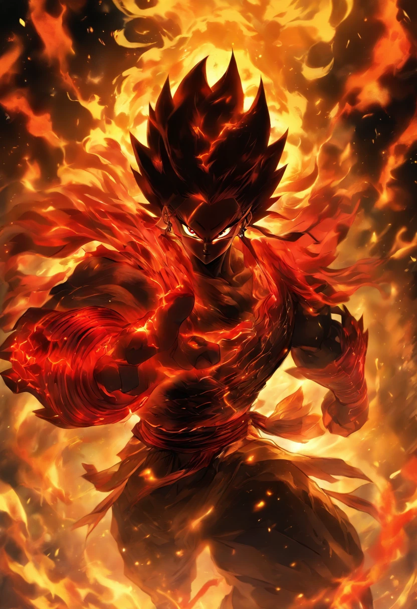 The red-eyed Guoshifang inspires the characters, On a neutral dark background, Two red and black hair colors，AS-Adult，Handsome，Tall muscular man，A handsome and decisive little boy,.He wears armor that intersects gold and red, Majestic gestures and trampling on fiery flames. Flames surged around them, creating an opulent atmosphere