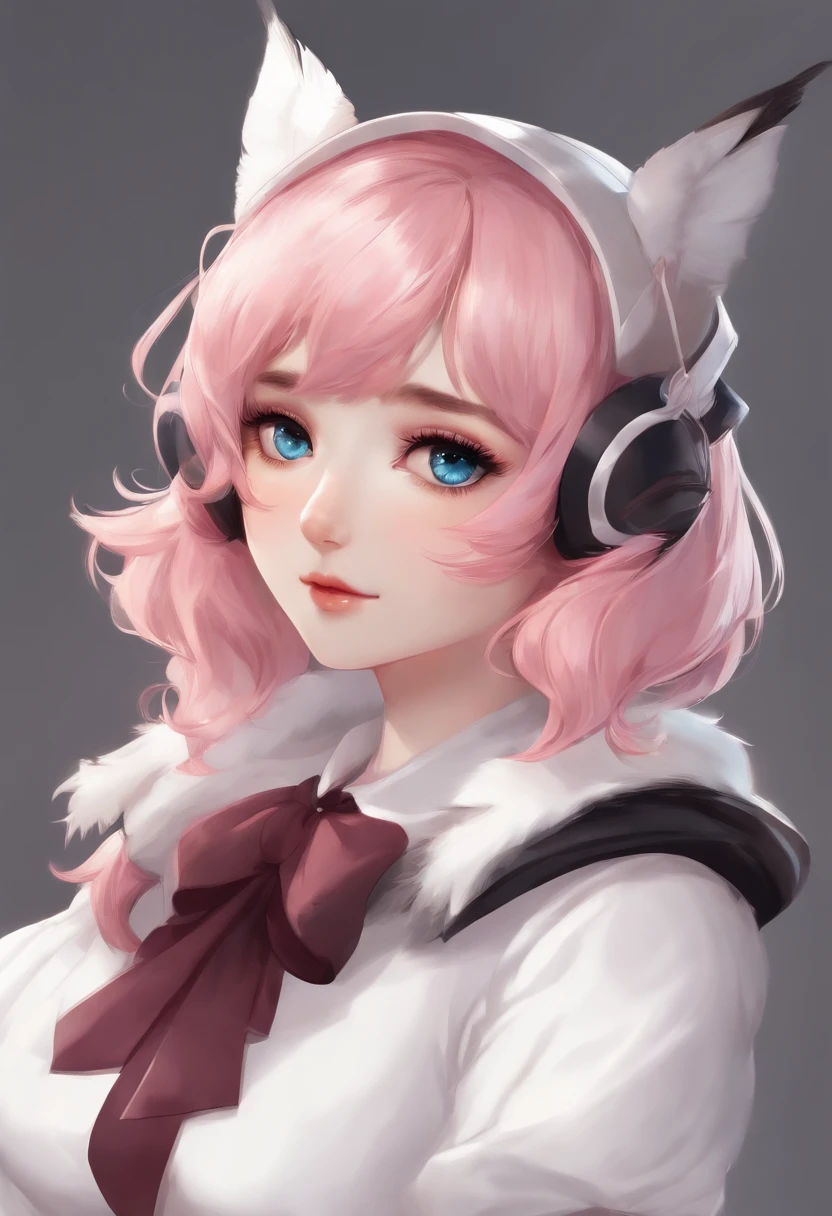 Ski style, 1girll, Solo, Pink hair, Animal ears, Blue eyes, Wings, view the viewer, dark mole, bangs, Short hair, bow, Sailor collar, Simple background, White sailor collar, Moles under the mouth, Hair accessories hair bye, Pink bow, Closed mouth, shirt, White shirt, Bear ears, Bob cut, mini wings, greybackground, Portrait, detached wings, Makeup, Upper body, White background