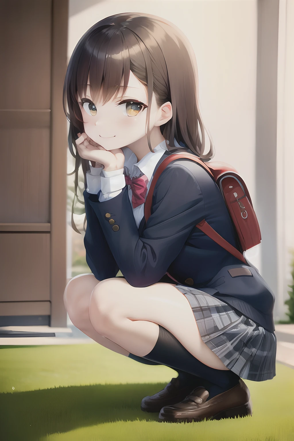 masterpiece, best quality, 1girl, solo, skirt, bag, outdoors, jacket, squatting, socks, shoes, looking at viewer, brown footwear, school uniform, plaid, loafers, blazer, brown hair, plaid skirt, black socks, long sleeves, bangs, open clothes, open jacket, bow, brown eyes, pleated skirt, bowtie, day, long hair, full body, bush, red bow, kneehighs, shirt, closed mouth, sleeves past wrists, backpack, hand on own face, red bowtie, black jacket, school bag, blush, plant, brown skirt, hand on own cheek, blurry, from side, hand up, looking to the side, collared shirt, miniskirt, white shirt, cardigan, grass, sweater, light smile