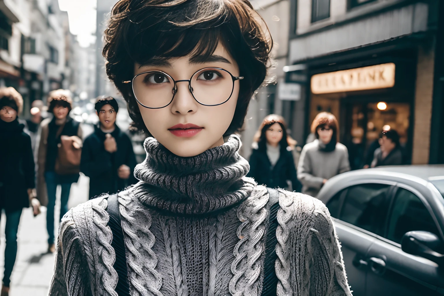 shopping street、Public places、、(disheveled extra fluffy pixie cut:1.2)、8K、Raw photography。top-quality、hightquality、Extreme Detail Photography、Eye for extreme detail、Super Detail Face、Hair in super detail、Super detail body、(Photography Lighting:1.3)、1girl in、The face is about .、Puffy eyes、Eyes in good shape。Brown-eyed、dark brown short hair、good lips、Small lips、(Medium chest:1.3)、good breasts、Natural makeup、Raw photo, Best Quality, masutepiece, ultra-detailliert, 超A high resolution, Realistic, (dark grey cable knit turtleneck sweaters:1.2)、(detailed fabrics:1.3), cleft chin, (slanted eyes), (windsor glassses:1.2), sitting, adorable