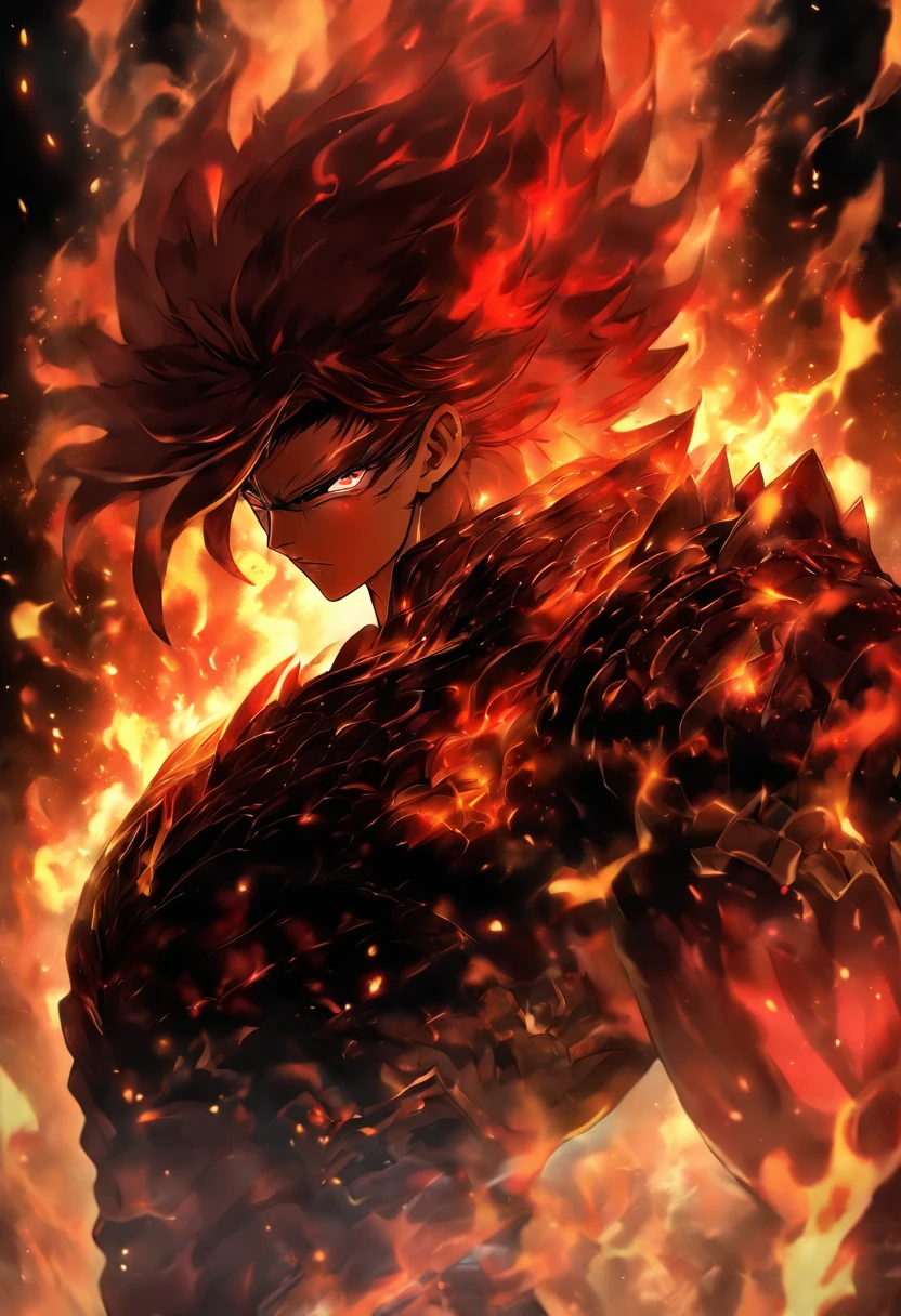Handsome guy with red eyes, On a neutral dark background, Two red and black hair colors,AS-Adult,Handsome,Tall muscular man,A handsome and decisive boy,.He wears armor that intersects with gold and red, Majestic gestures and trampling on fiery flames. Flames surged around them, creating an opulent atmosphere