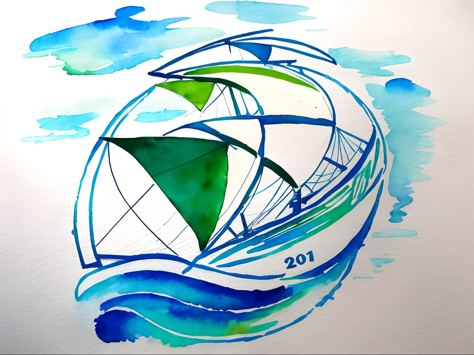 Alafede diagram of a sailing ship with blue and green sails, water color and pen, simple curvilinear watercolor, illustrated logo, inspired by Larry Zox, colored ink drawing, Logo art, tattoo sketch of a sea, inspired by Paul Howard Manship, full color drawing, Ink and watercolor wash, tattoo sketch of a ocean, inspired by Edward Lear