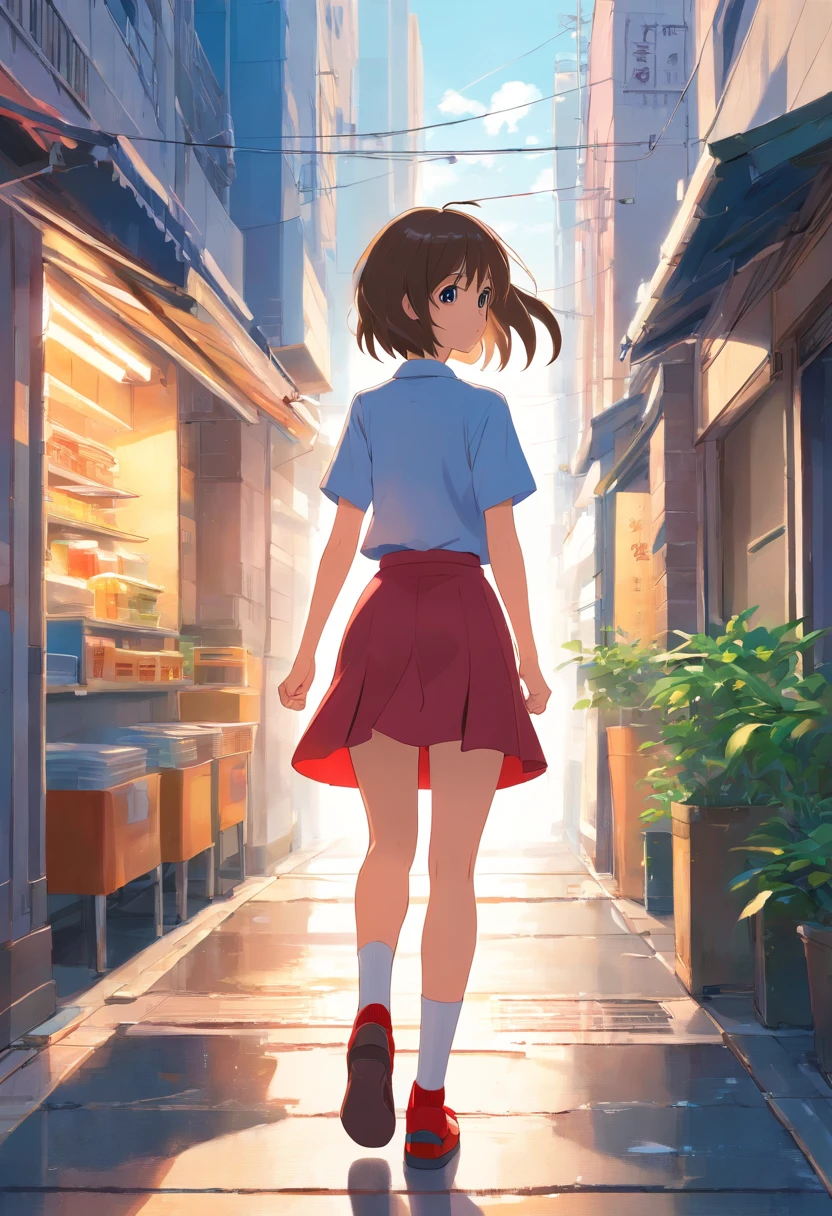best qualtiy,tmasterpiece,k hd,1girll,White shirt,Red skirt,Socks,double tails,(noodle:1.3)、Walking down the street,((From the side Side)),Detailed scenes, Beautiful digital illustration, the detail,Hyper-detailed