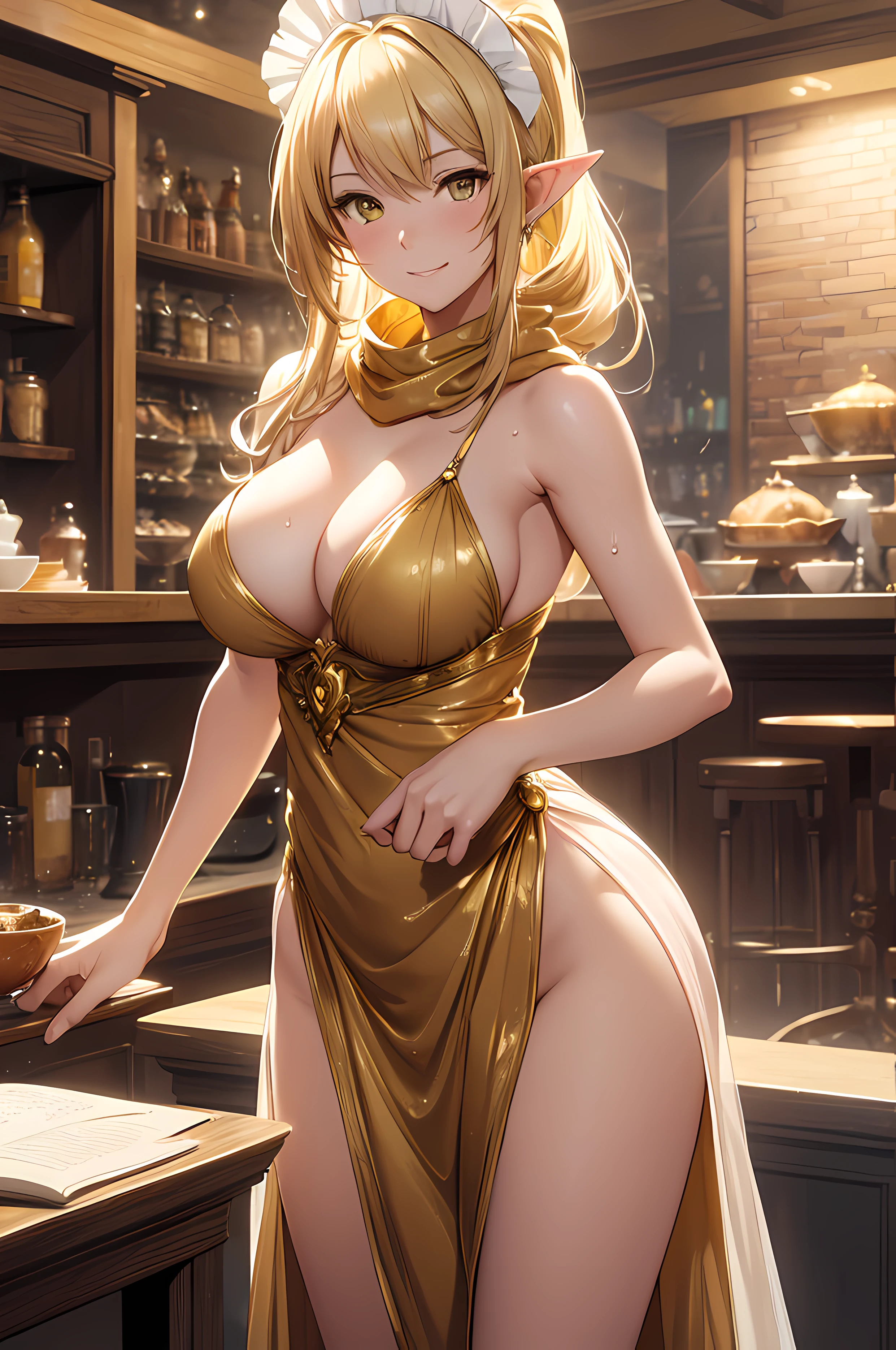 ((Highest quality)), ((outstanding detail)), ((super high resolution: 3.5)), (fidelity: 1.4), ((best illustration, favor details, perfect detail rendering, ultra HD, masterpiece, ultra high res)), (photorealistic:1.5), realistic oil art, raw photo, perfect brightness and darkness, light ray, perfect balance, smooth color transition, full frame, perfect color layer, perfect color blur, perfect lighting, movement motion, photo manipulation, fantastical scenes, digital artistry, striking visuals , kinetic art, dynamic motion, captivating visuals, absurdres, A beautiful Women, elven (( naked, maid costume)), ((cafe background)) , perfect body figure, blond color hair, high ponytail: 1:1, water splash effect, aura of comfort, gentle expression, little smile, happy expression, very big breast, very big ass, 43-year-old Empress, middle age, golden color necklace, yellow color eyes, mature, pose, soft gold color scarf, sunshine effect, vibrant look, backlighting, super effect, book, Tachibana Omina art style